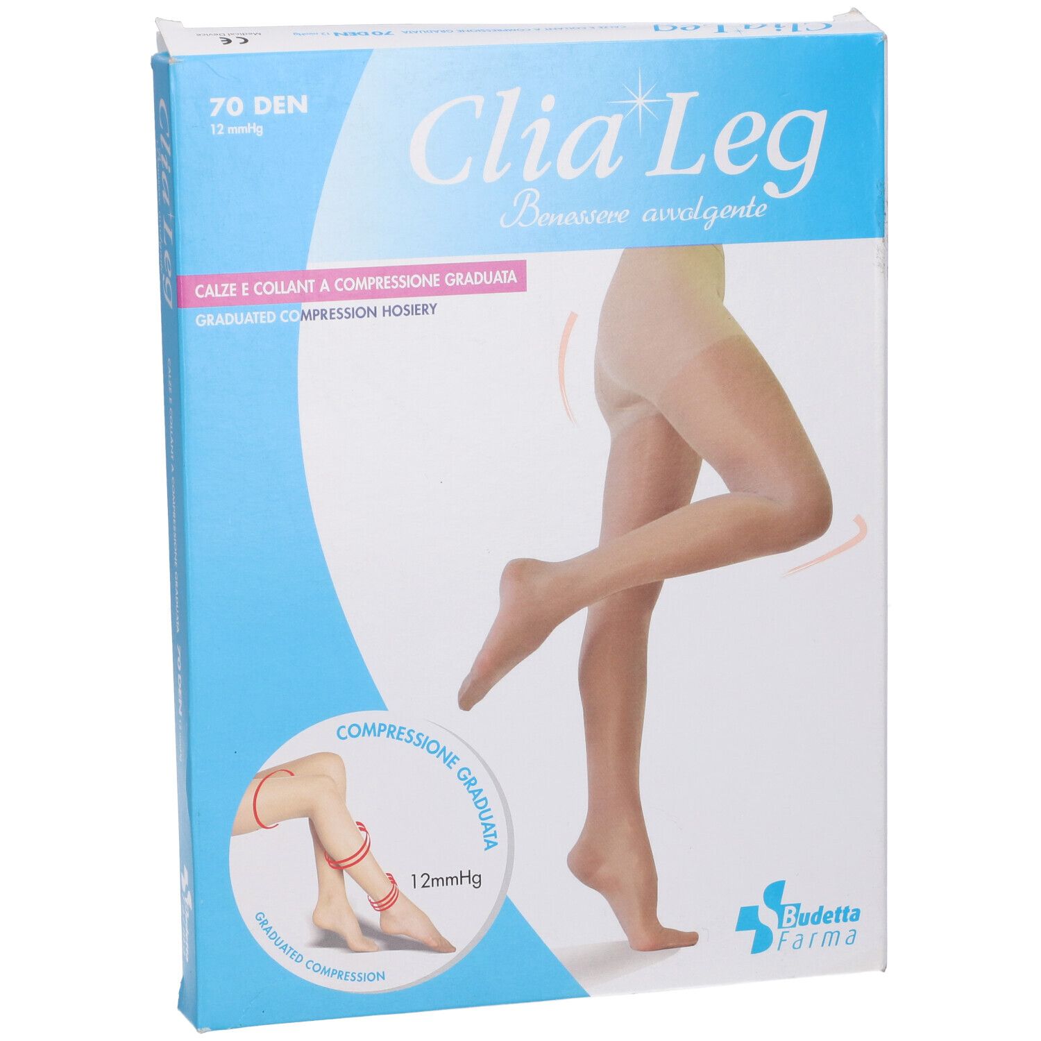 Confezione di collant Clia Leg 70 Den. Immagine di gamba con collant. Scritta: Calze e collant a compressione graduata.