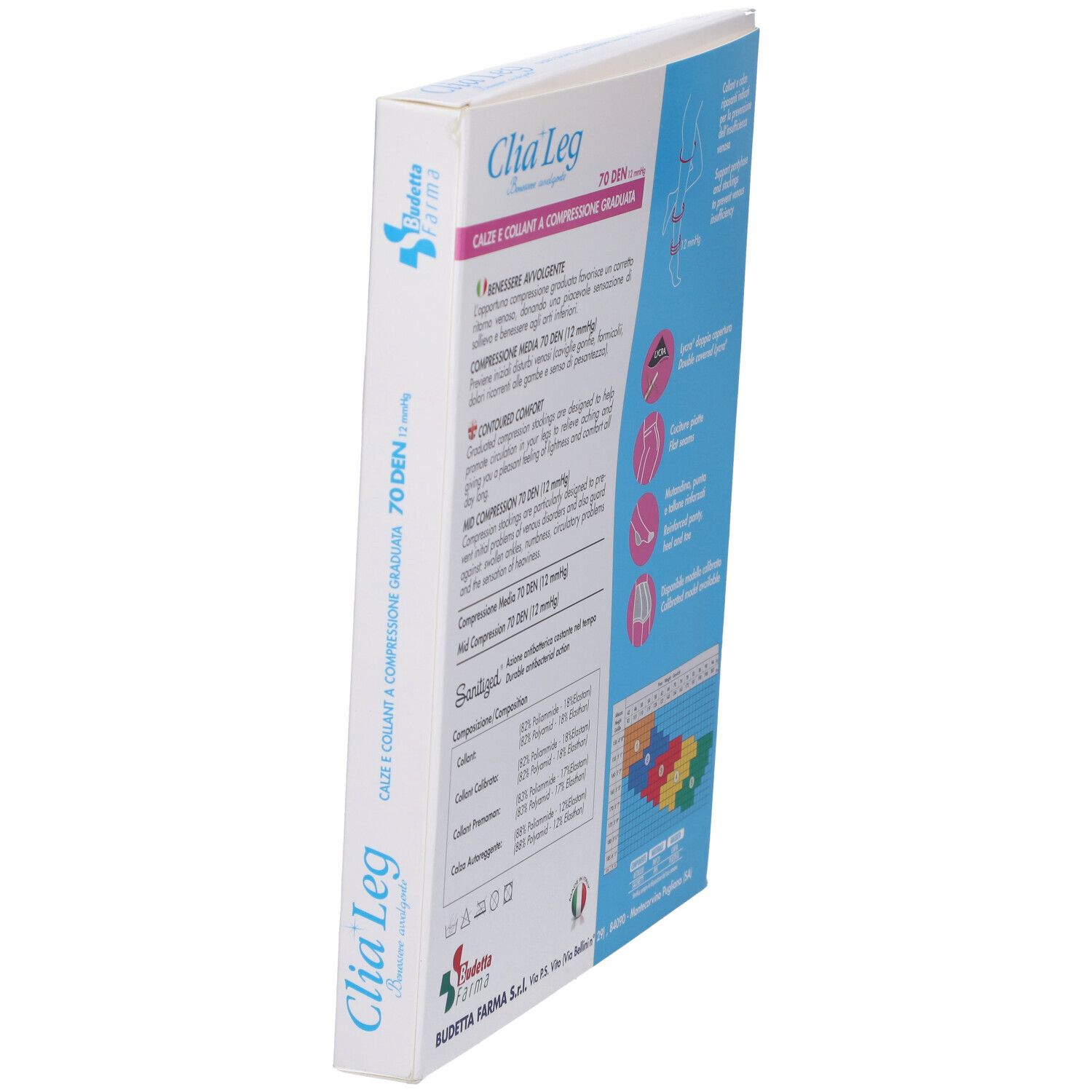 Confezione in diagonale con informazioni. Marchio Clia Leg, 70 denari. Logo Budetta Farma. Informazioni sulla compressione.