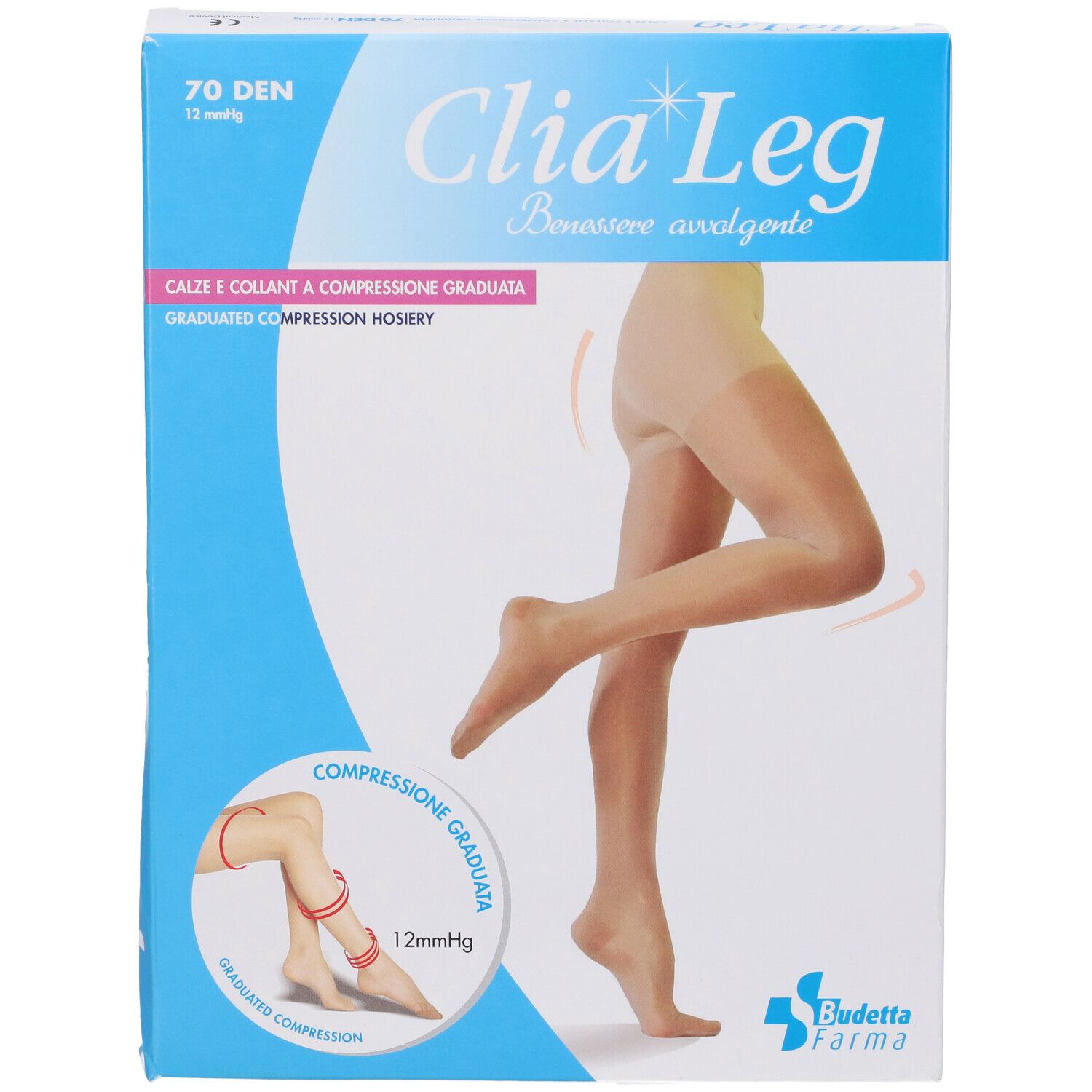Confezione di collant Clia Leg, 70 denari, 12 mmHg. Immagine di donna con collant. Logo Budetta Farma.