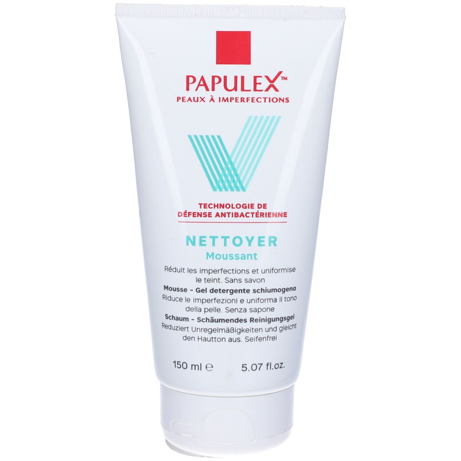 Tubo bianco con quadrato rosso e logo V blu. Testo: PAPULEX, NETTOYER, 150 ml.