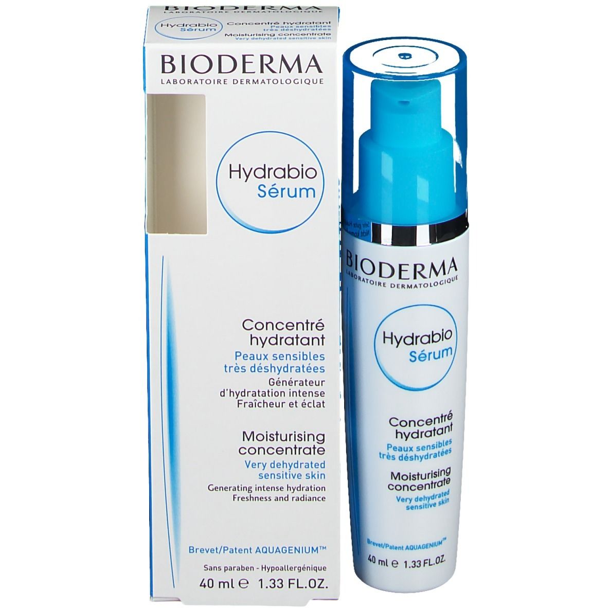 BIODERMA Hydrabio Sérum. Flacone e confezione. Testo in inglese e francese. 40 ml. Con dosatore a pompa.