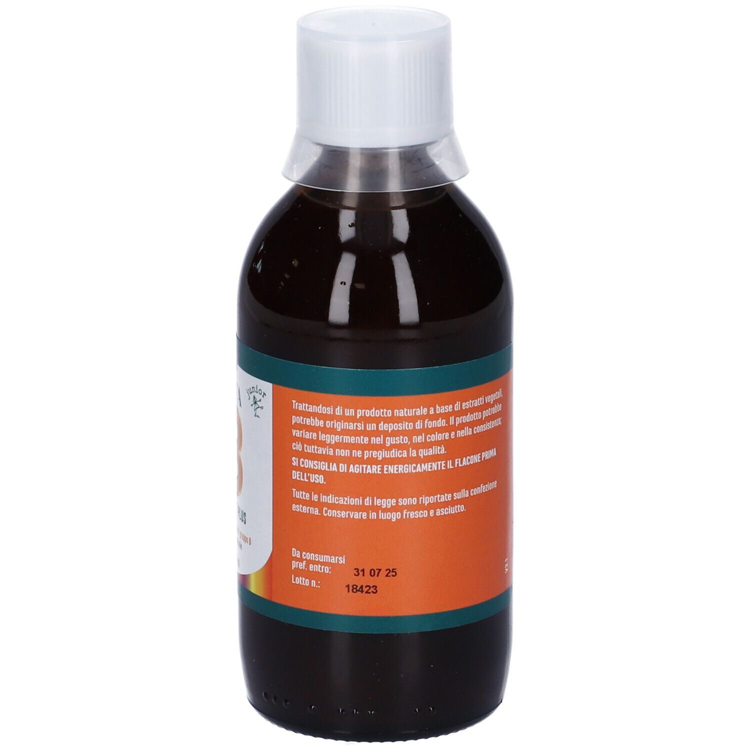 Vista posteriore di una bottiglia di liquido marrone. Etichetta con data di scadenza e informazioni produttore.