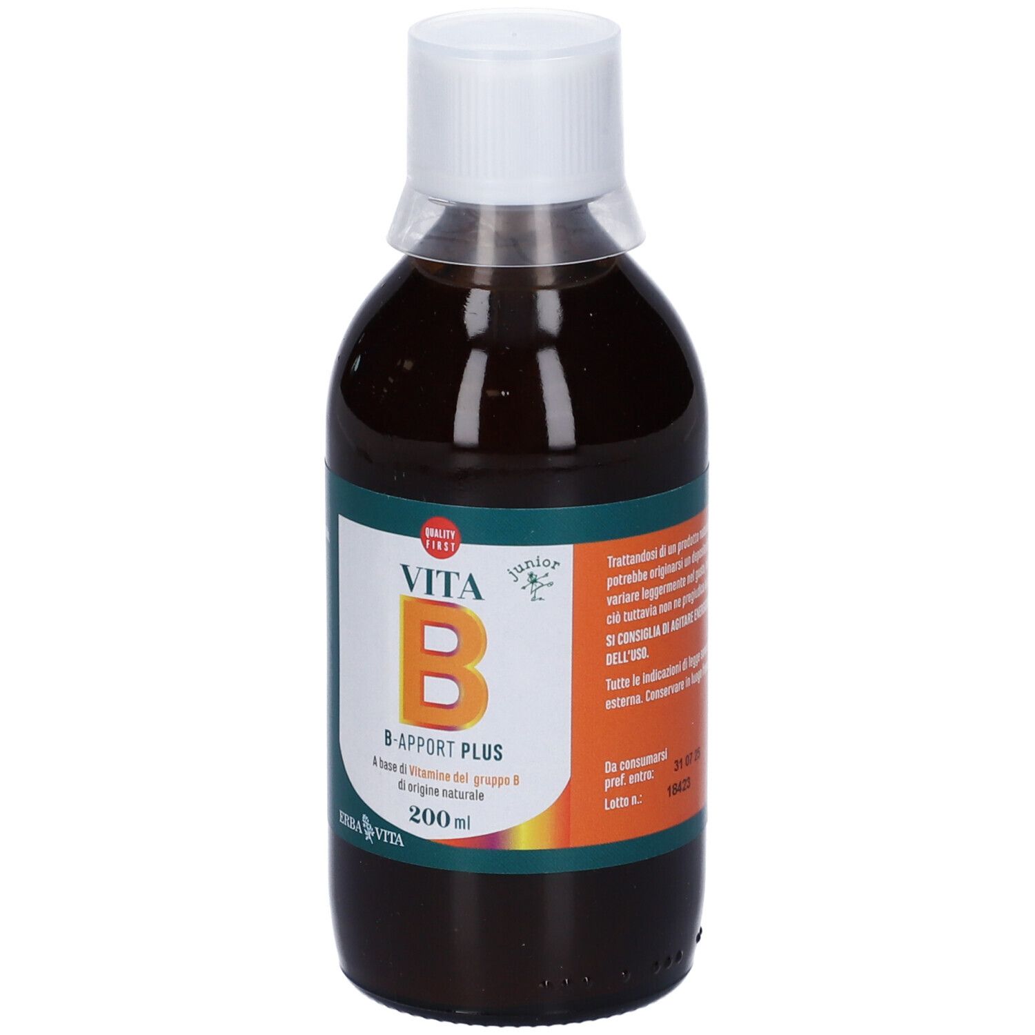 Bottiglia di liquido marrone, tappo bianco ed etichetta "VITA B B-Apport Plus" e logo.