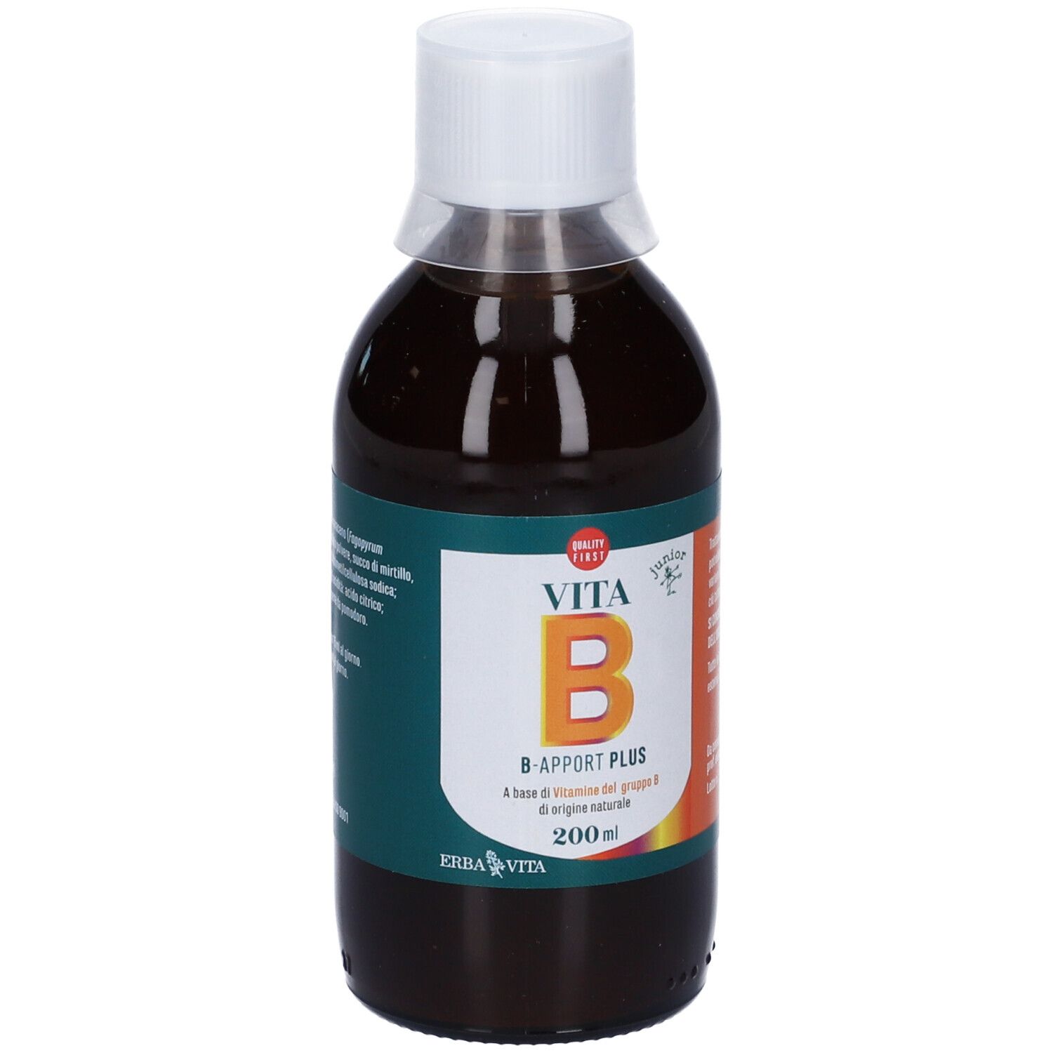 Bottiglia di liquido marrone, tappo bianco ed etichetta "VITA B B-Apport Plus" e logo.