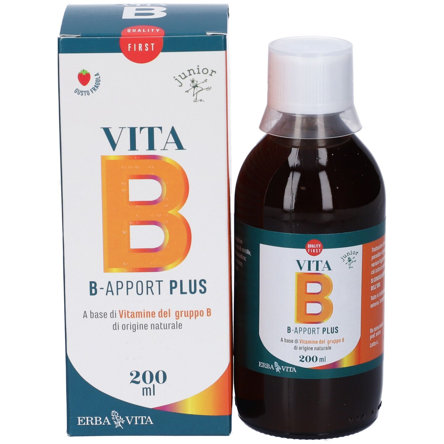 Confezione del prodotto con bottiglia e scatola. Sulla scatola "VITA B B-Apport Plus" e logo.