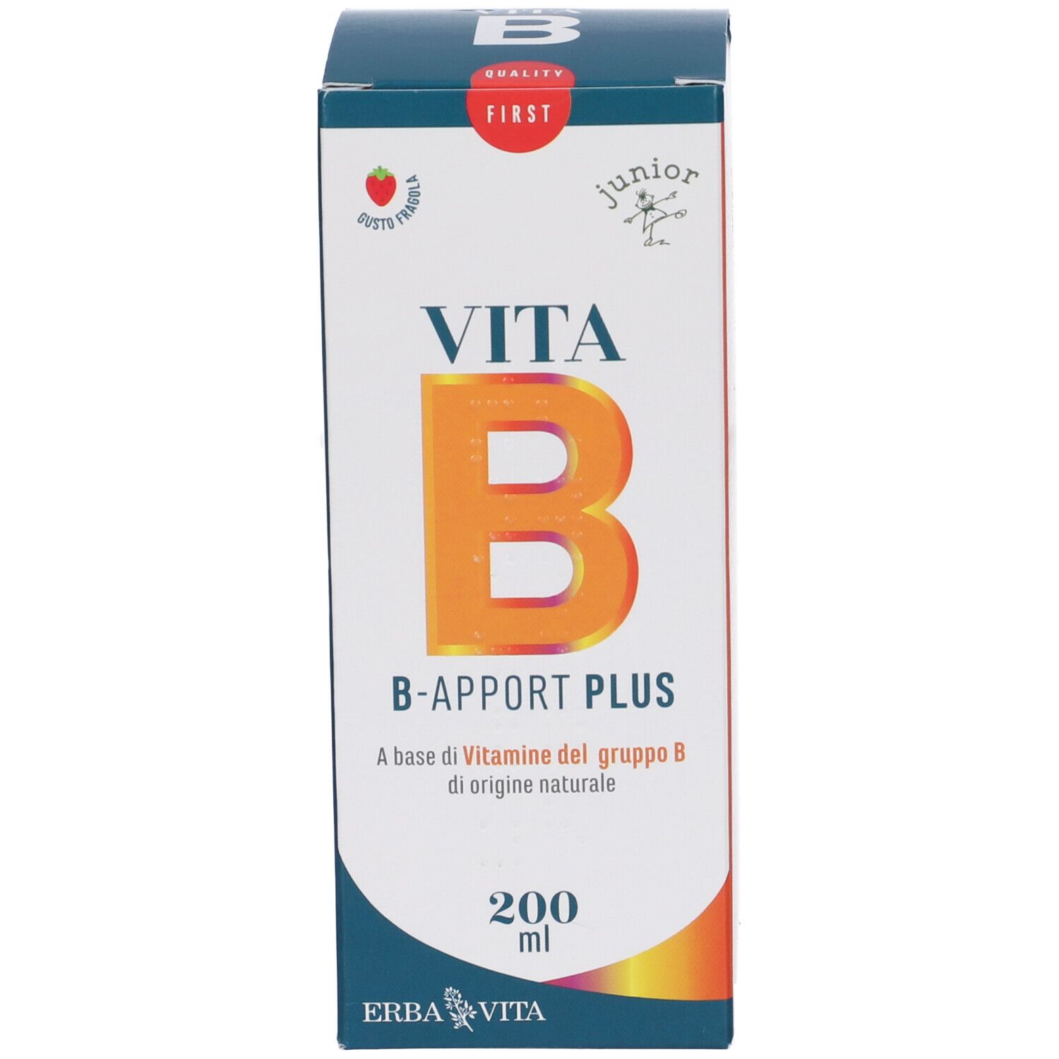 Confezione del prodotto, scatola con "VITA B B-Apport Plus" e logo. Simbolo fragola.
