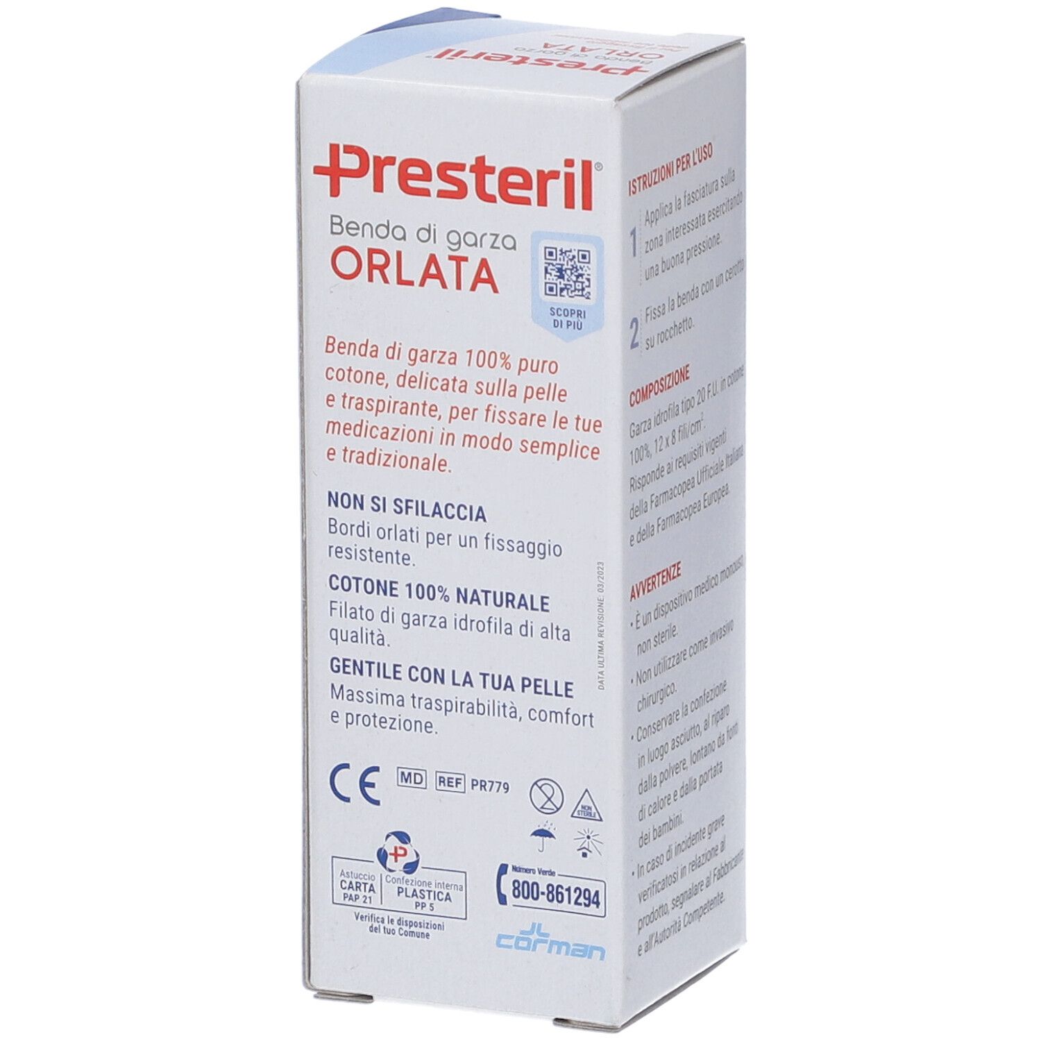 Confezione 'Presteril' con informazioni prodotto. 'Benda di garza 100% puro cotone'. 'Non si sfilaccia'. Marchio CE.