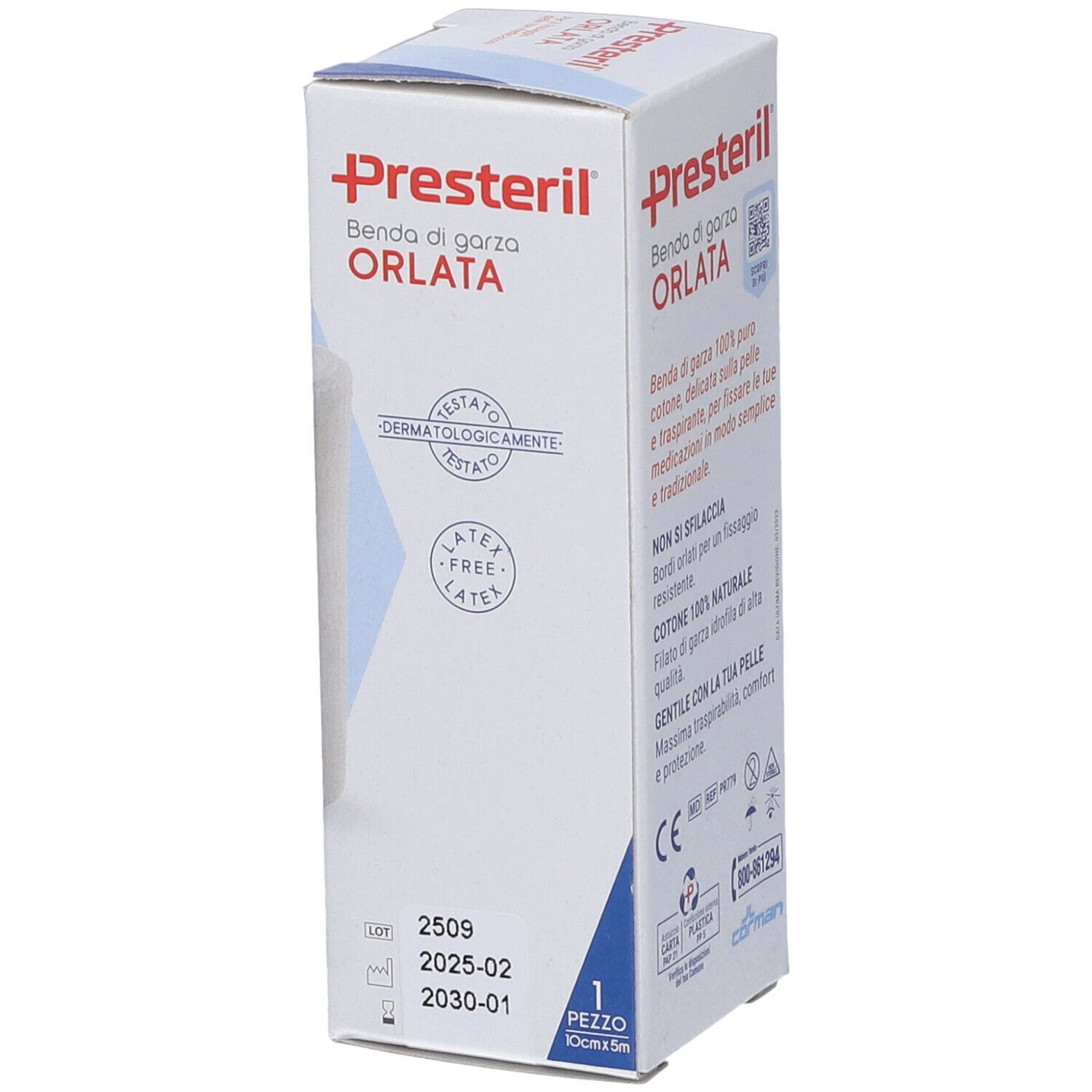 Confezione 'Presteril' con informazioni prodotto. 'Dermatologicamente testato'. 'Senza lattice'. '1 Pezzo 10cm x 5m'.