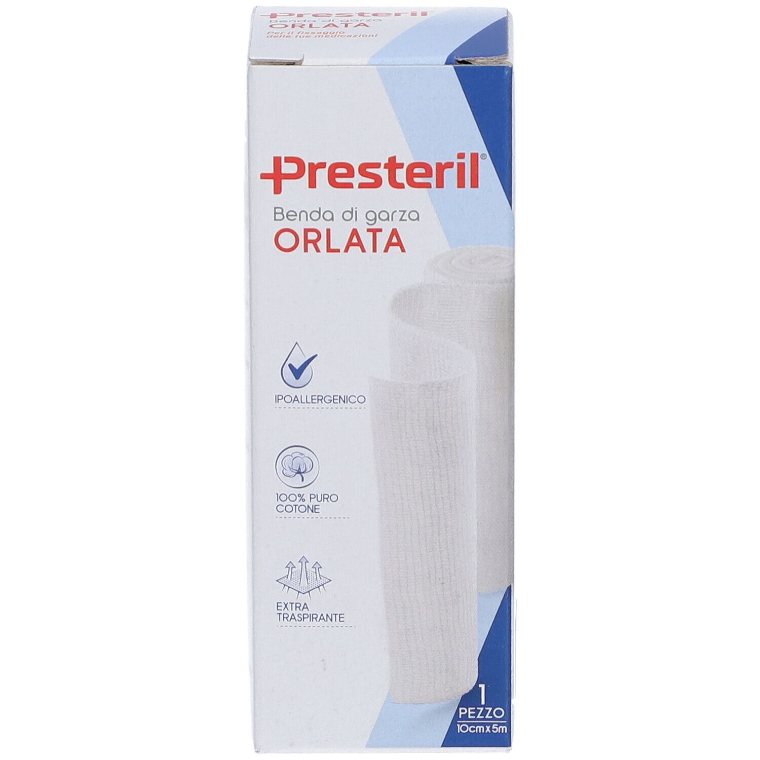 Confezione 'Presteril' con benda di garza. 'Poallergenico', '100% puro cotone', 'Extra traspirante'. 1 pezzo.