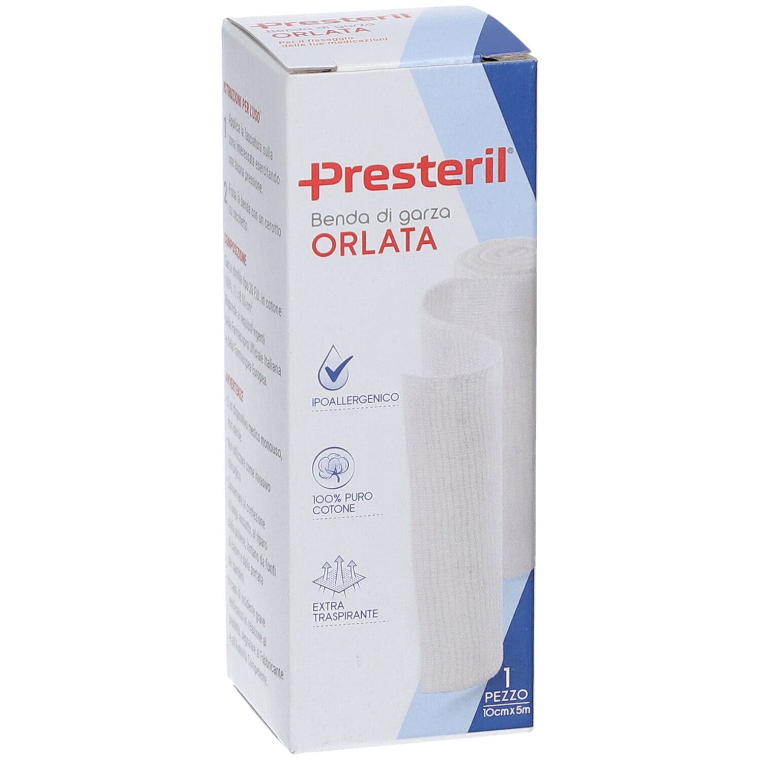 Confezione 'Presteril' con benda di garza. 'Poallergenico', '100% puro cotone', 'Extra traspirante'. 1 pezzo.