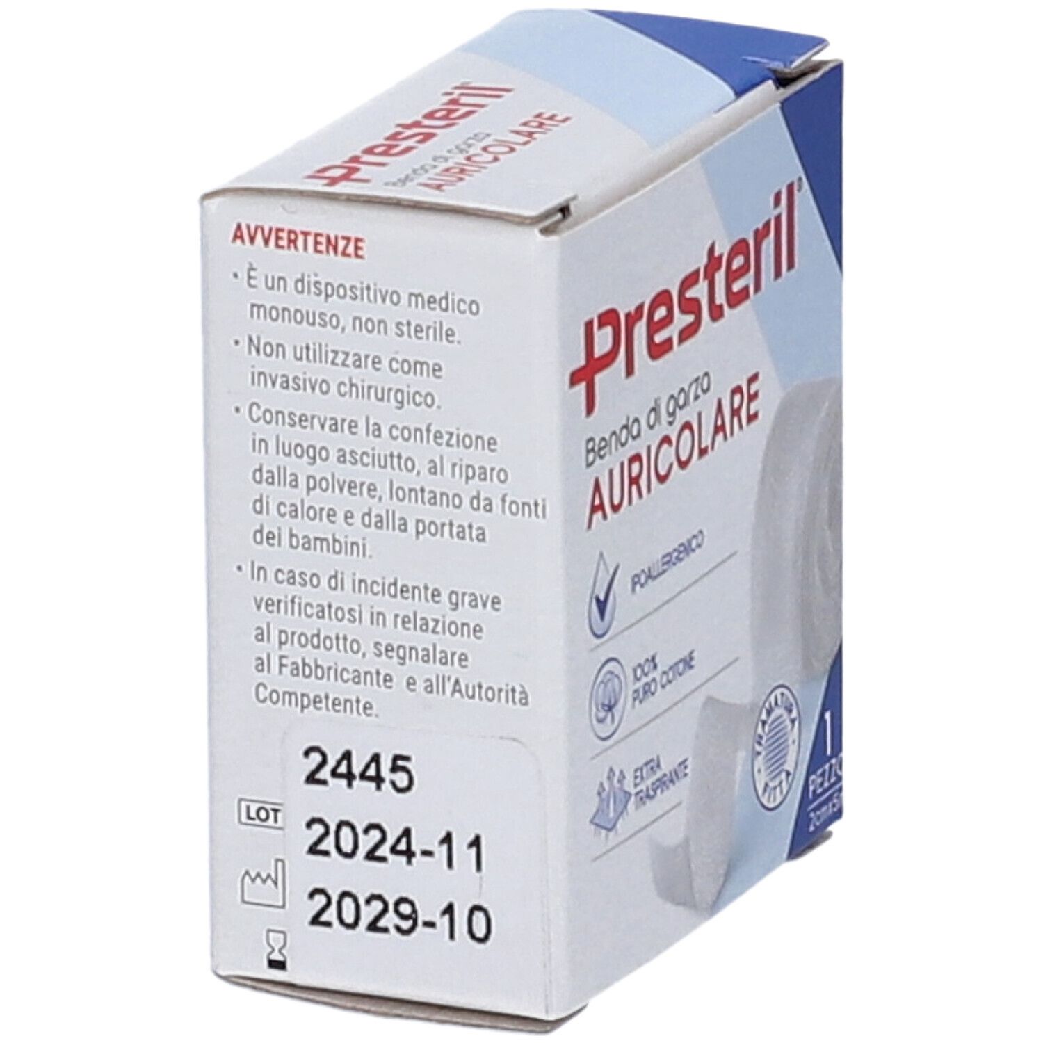 Confezione di benda auricolare Presteril. Informazioni e numero di lotto. Contiene un rotolo di benda. 2cm x 5m. Ipoallergenico, 100% puro cotone.