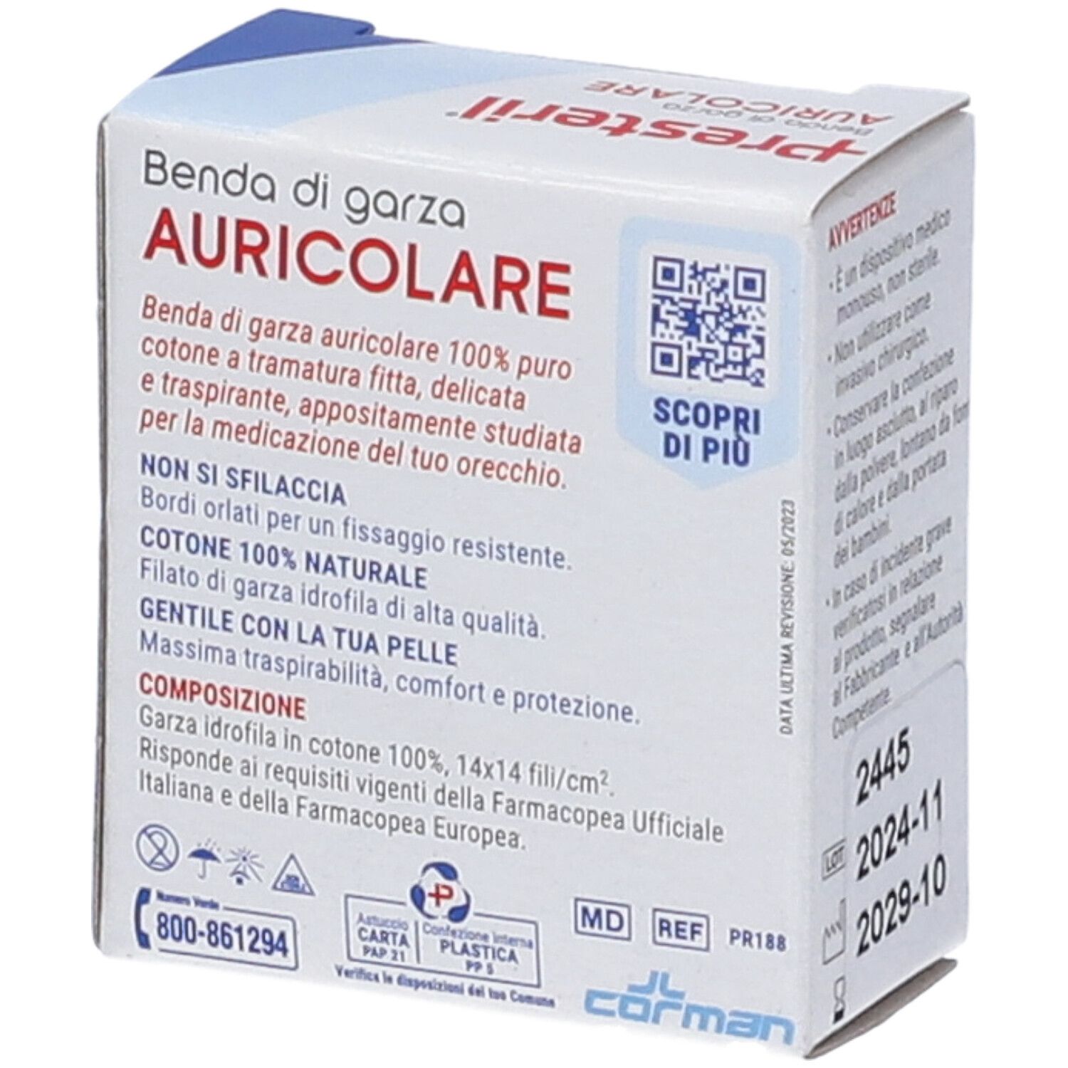 Confezione di benda auricolare Presteril. Informazioni sulla composizione e istruzioni per l'uso. 100% puro cotone.