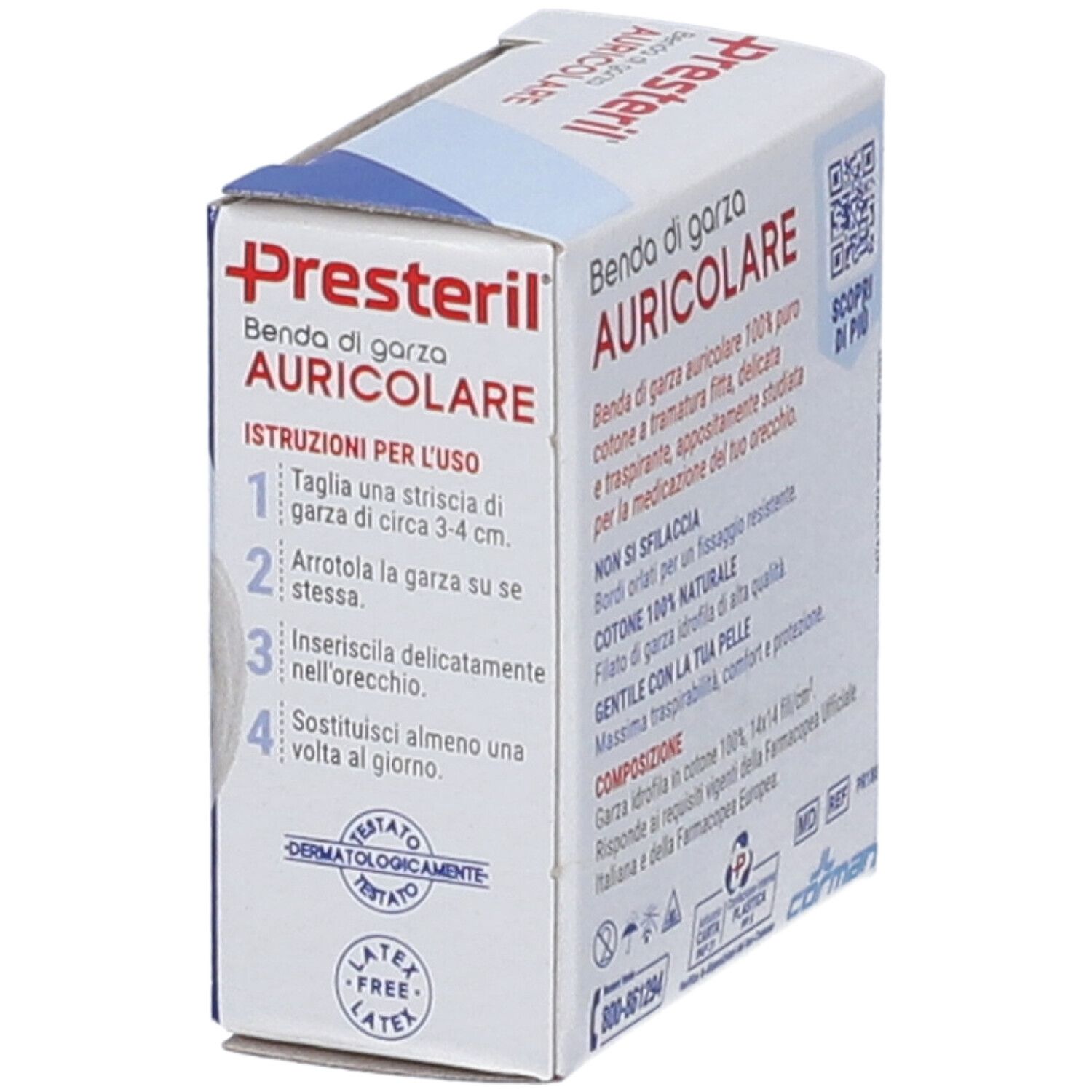 Confezione di benda auricolare Presteril. Contiene istruzioni per l'uso. 100% puro cotone. Dermatologicamente testato. Senza lattice.