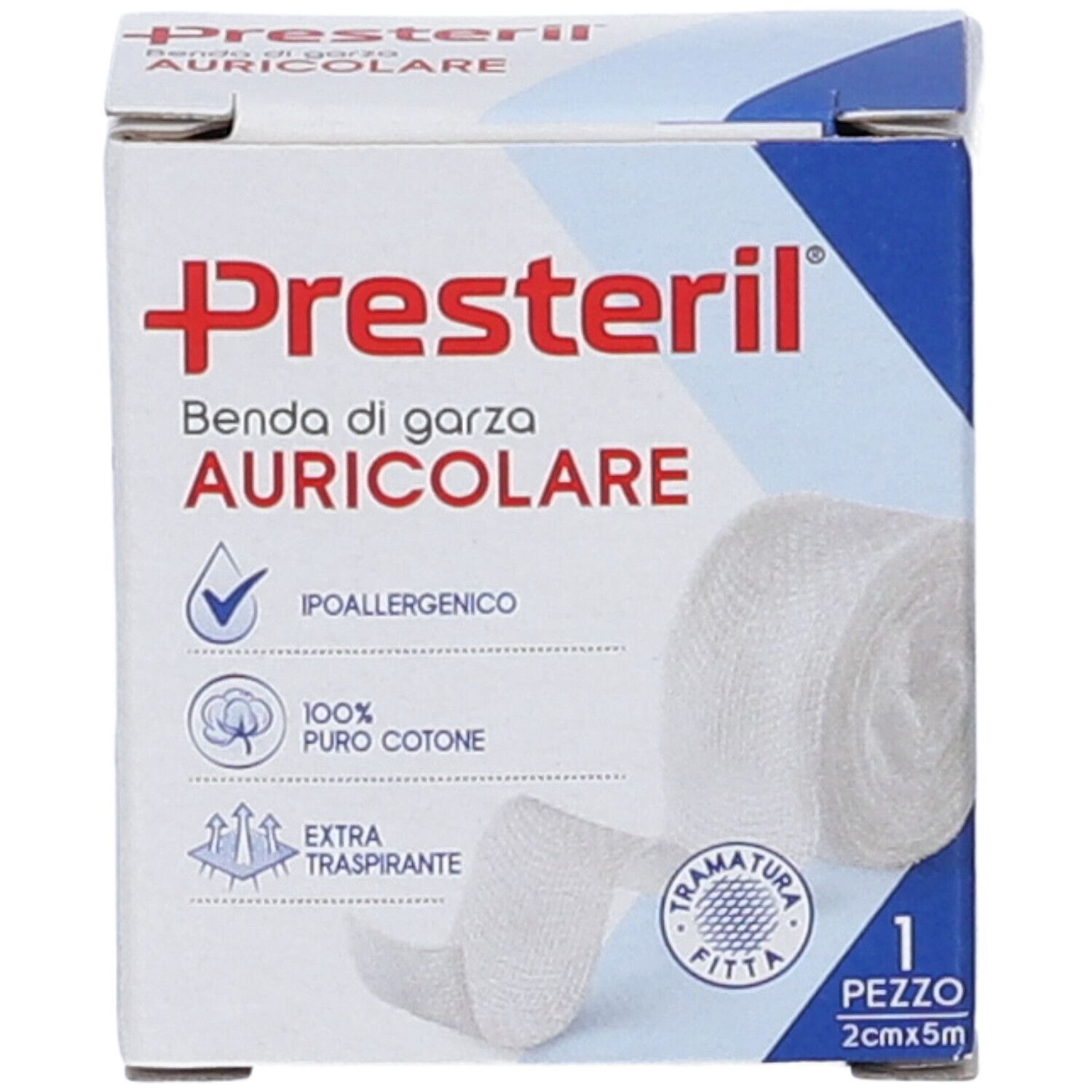 Confezione di benda auricolare Presteril. Contiene un rotolo di benda. Ipoallergenico, 100% puro cotone, extra traspirante. 2cm x 5m.
