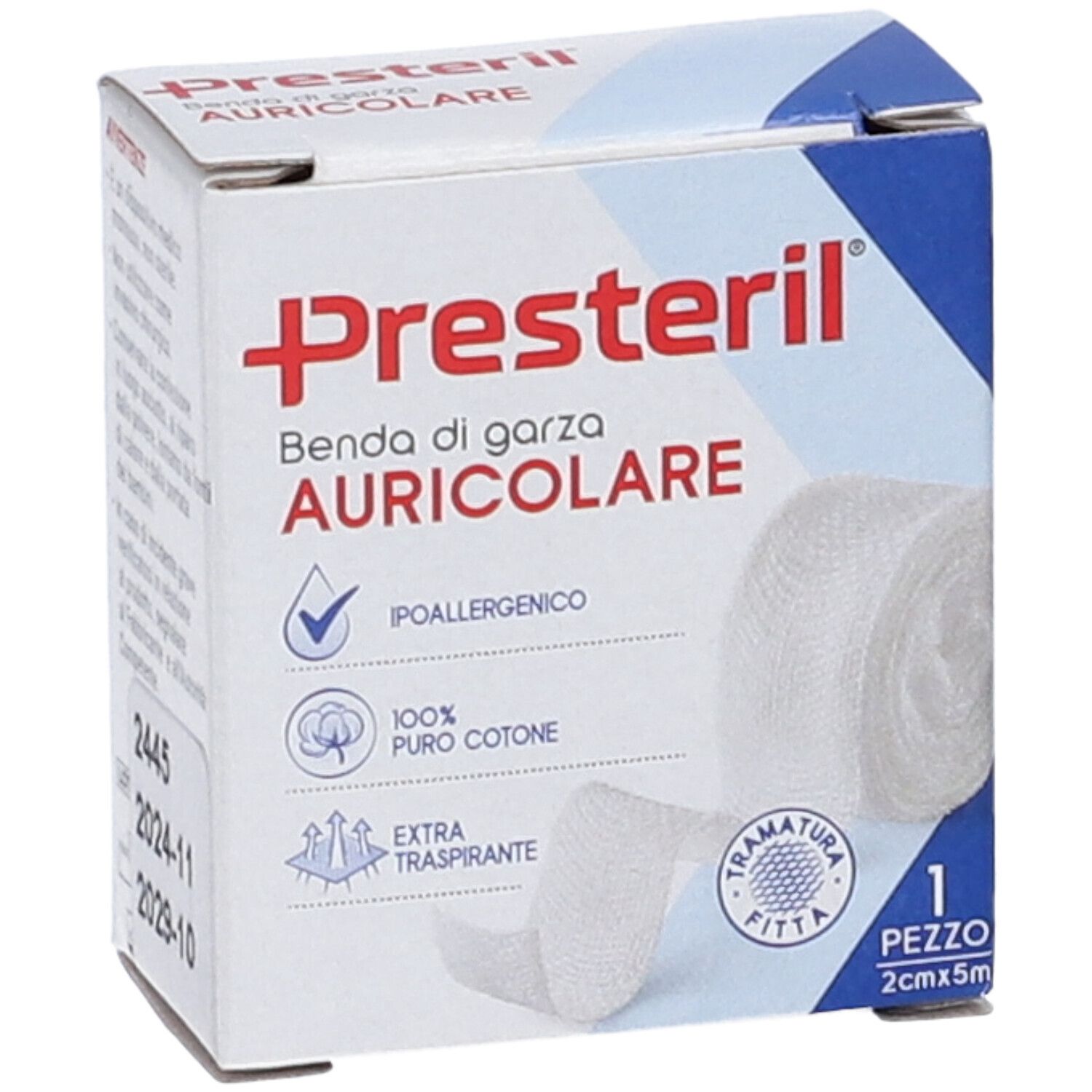 Confezione di benda auricolare Presteril. Contiene un rotolo di benda. 2cm x 5m. Ipoallergenico, 100% puro cotone, extra traspirante. Numero di lotto.
