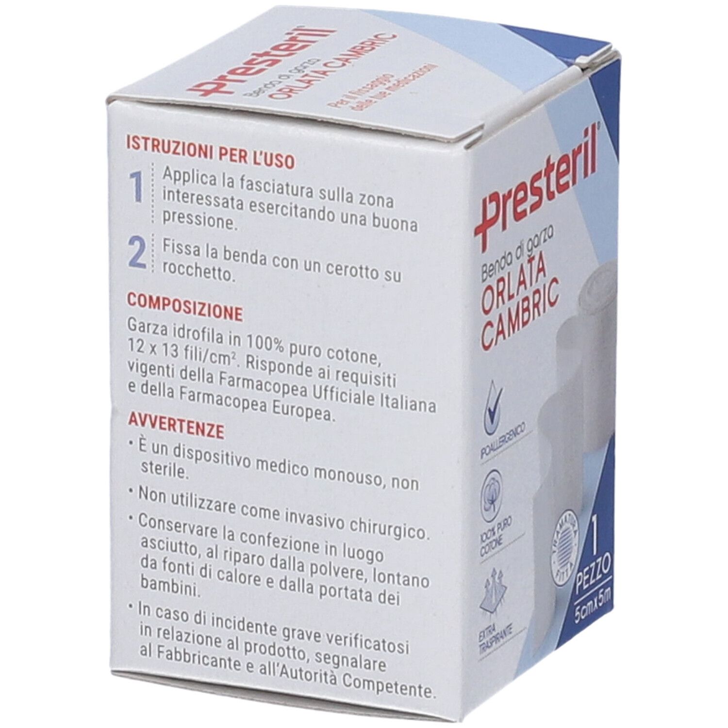 Retro della confezione Presteril. Contiene istruzioni, composizione e avvertenze.