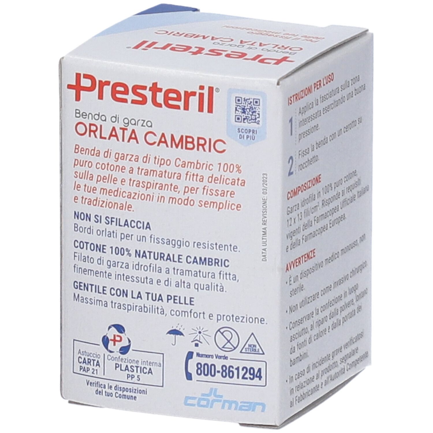 Confezione Presteril con informazioni prodotto e QR code. Contiene testo e loghi.