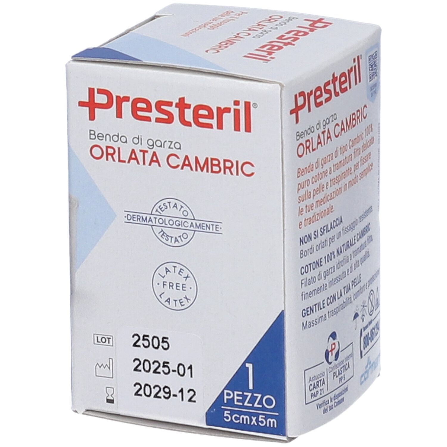 Confezione Presteril con informazioni prodotto. Mostra loghi di test e certificazione.