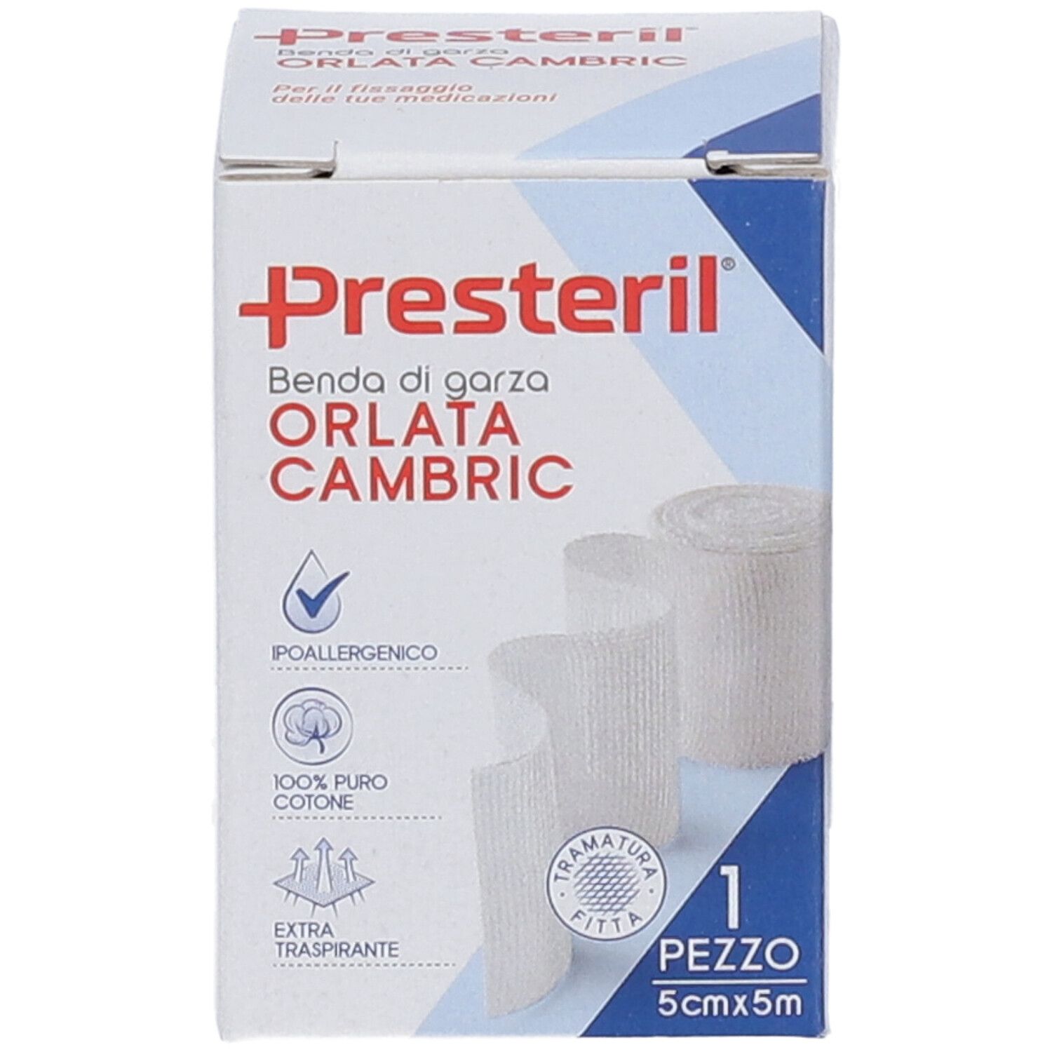 Confezione Presteril con rotolo di benda. Mostra nome prodotto, caratteristiche e dimensioni.