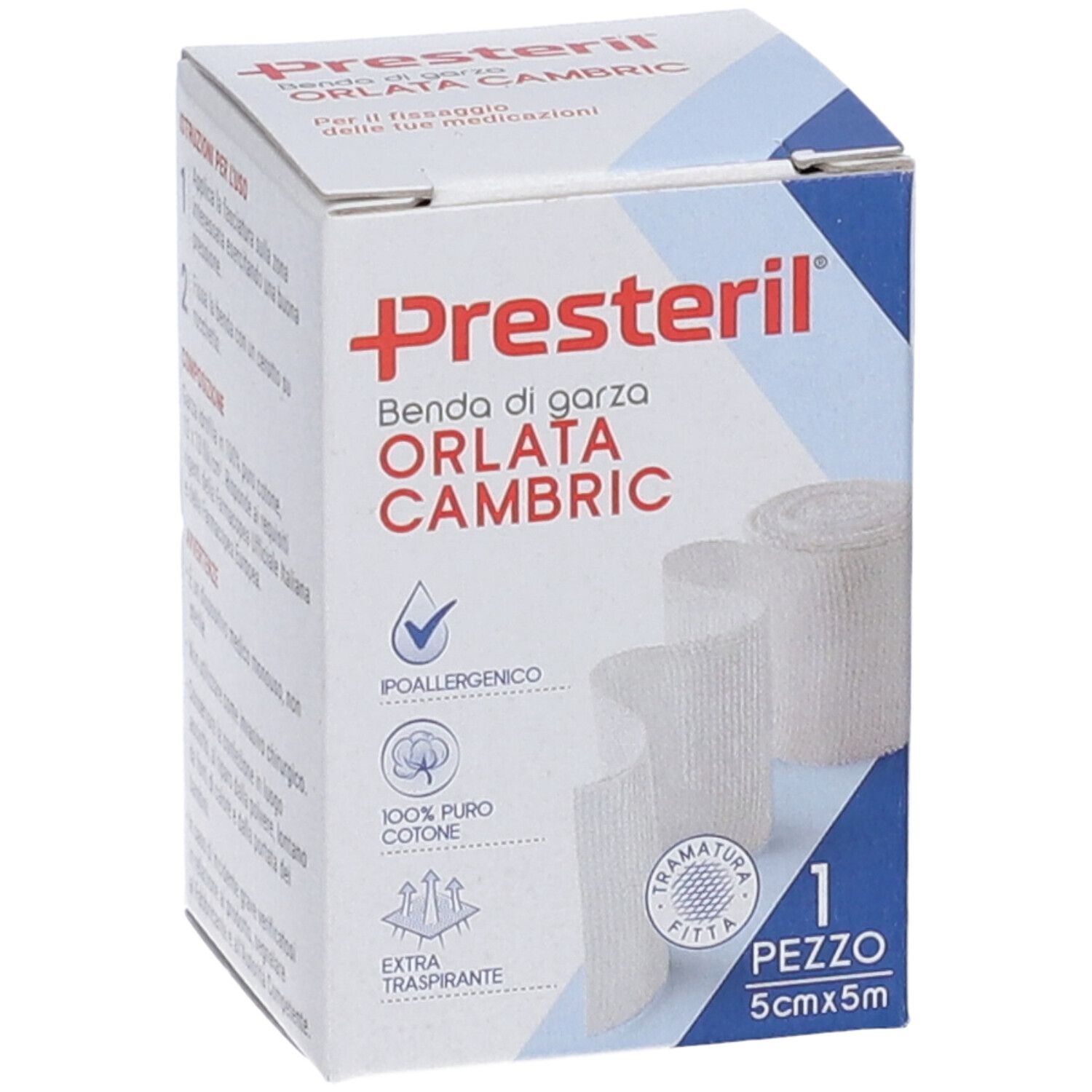 Confezione Presteril con rotolo di benda. Mostra nome prodotto, caratteristiche e dimensioni.