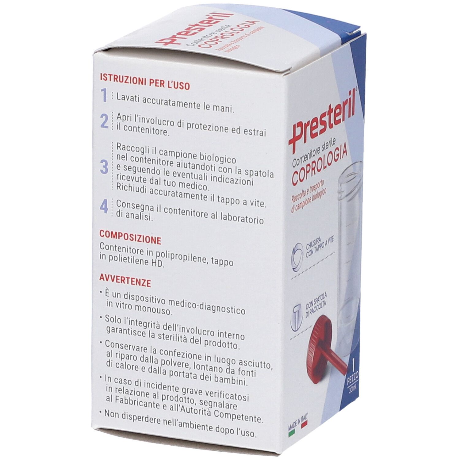 Scatola con immagine del prodotto. Scritto: Presteril, Contenitore sterile Coprologia. Con istruzioni per l'uso e composizione.
