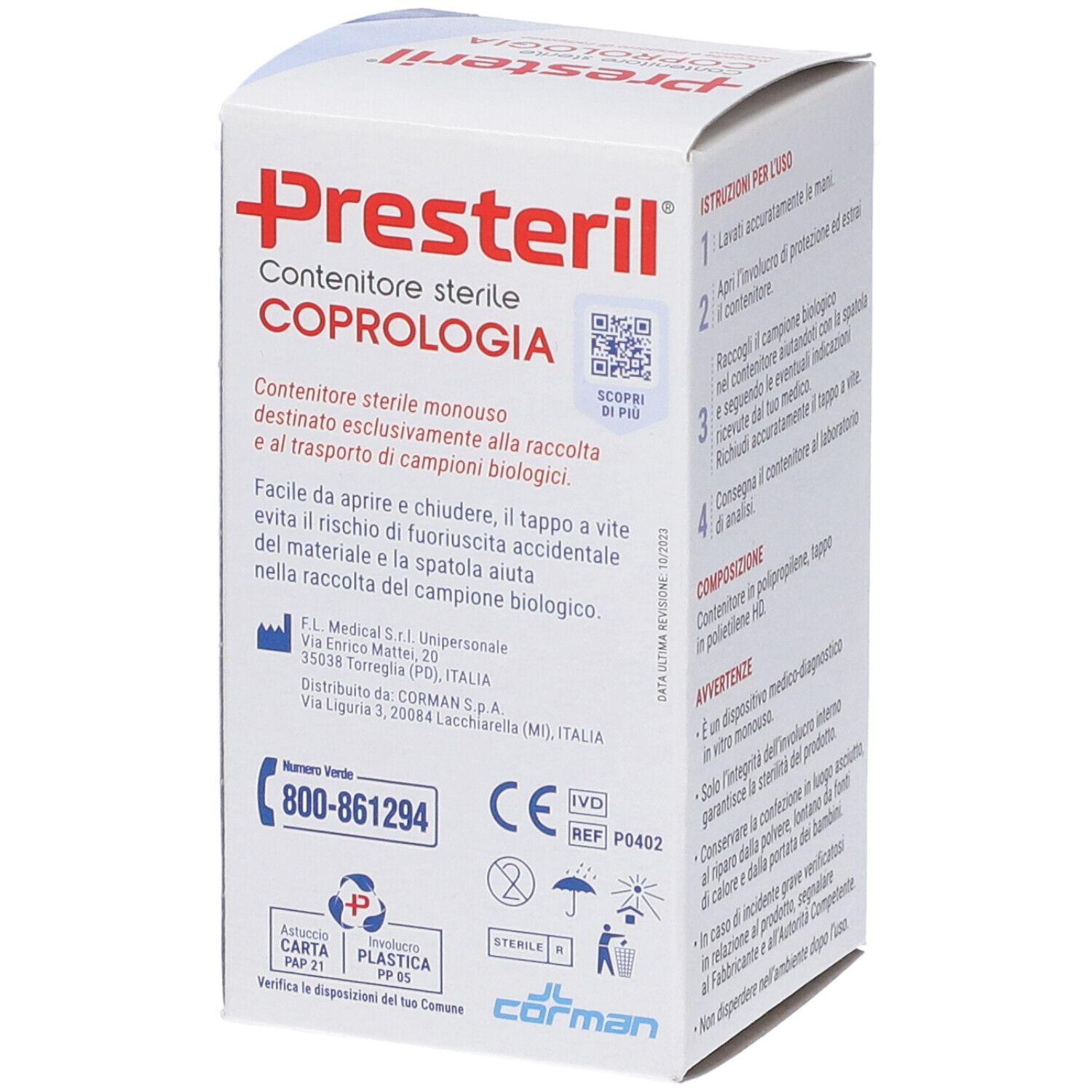Scatola con immagine del prodotto. Scritto: Presteril, Contenitore sterile Coprologia. Con informazioni di contatto e certificazioni.