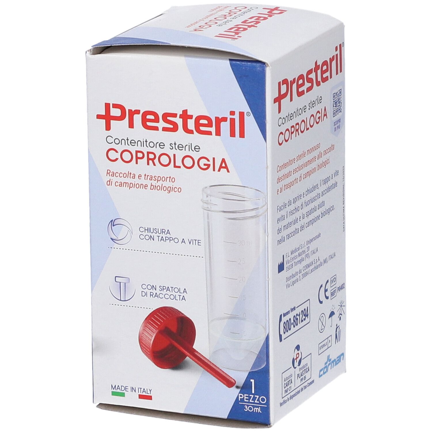 Scatola con immagine del prodotto. Scritto: Presteril, Contenitore sterile Coprologia. Contiene contenitore, spatola e 1 pezzo.