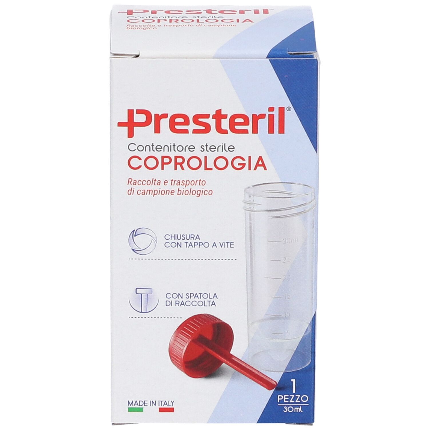 Scatola con immagine del prodotto. Scritto: Presteril, Contenitore sterile Coprologia. Contiene contenitore, spatola e 1 pezzo.
