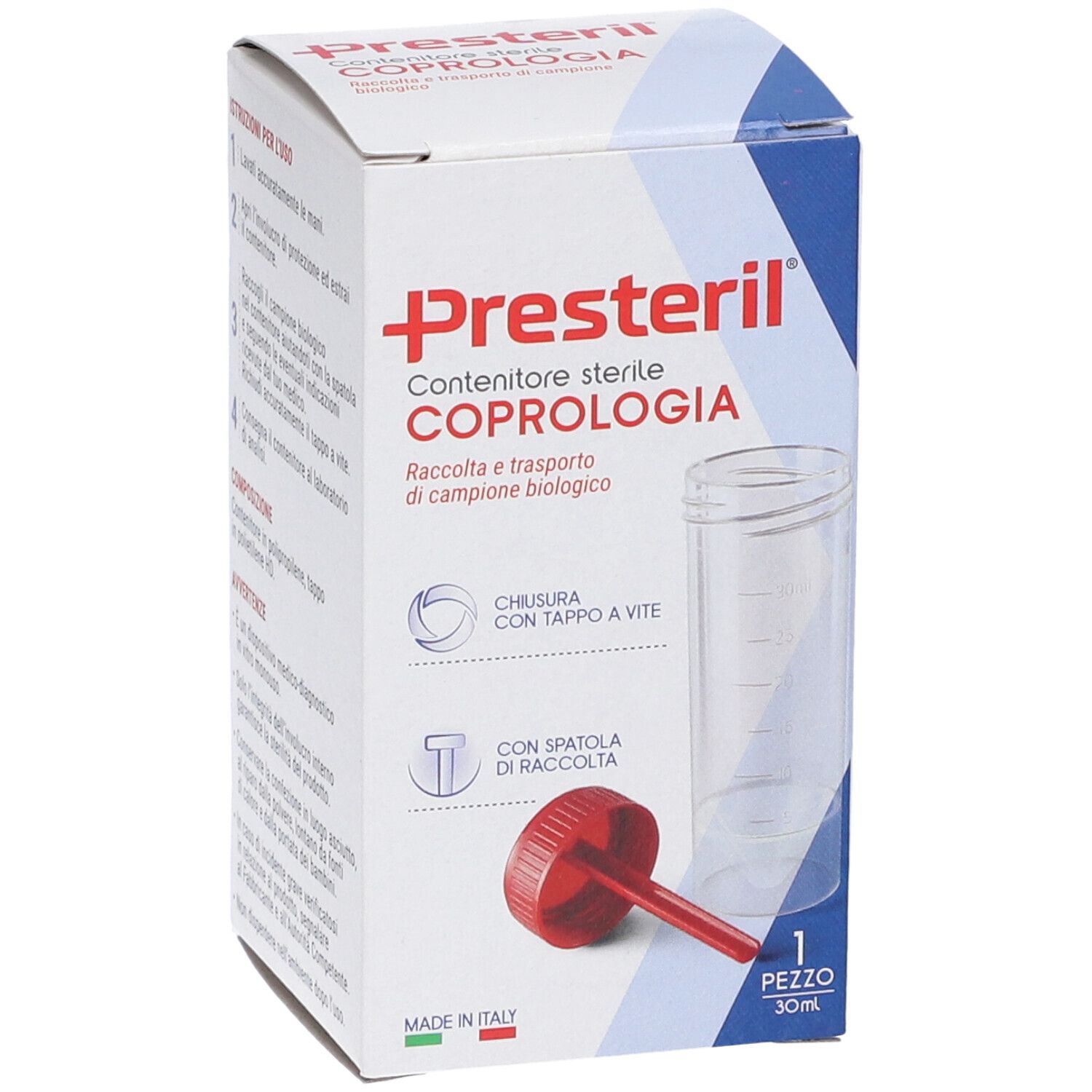 Scatola con immagine del prodotto. Scritto: Presteril, Contenitore sterile Coprologia. Contiene contenitore, spatola e 1 pezzo.