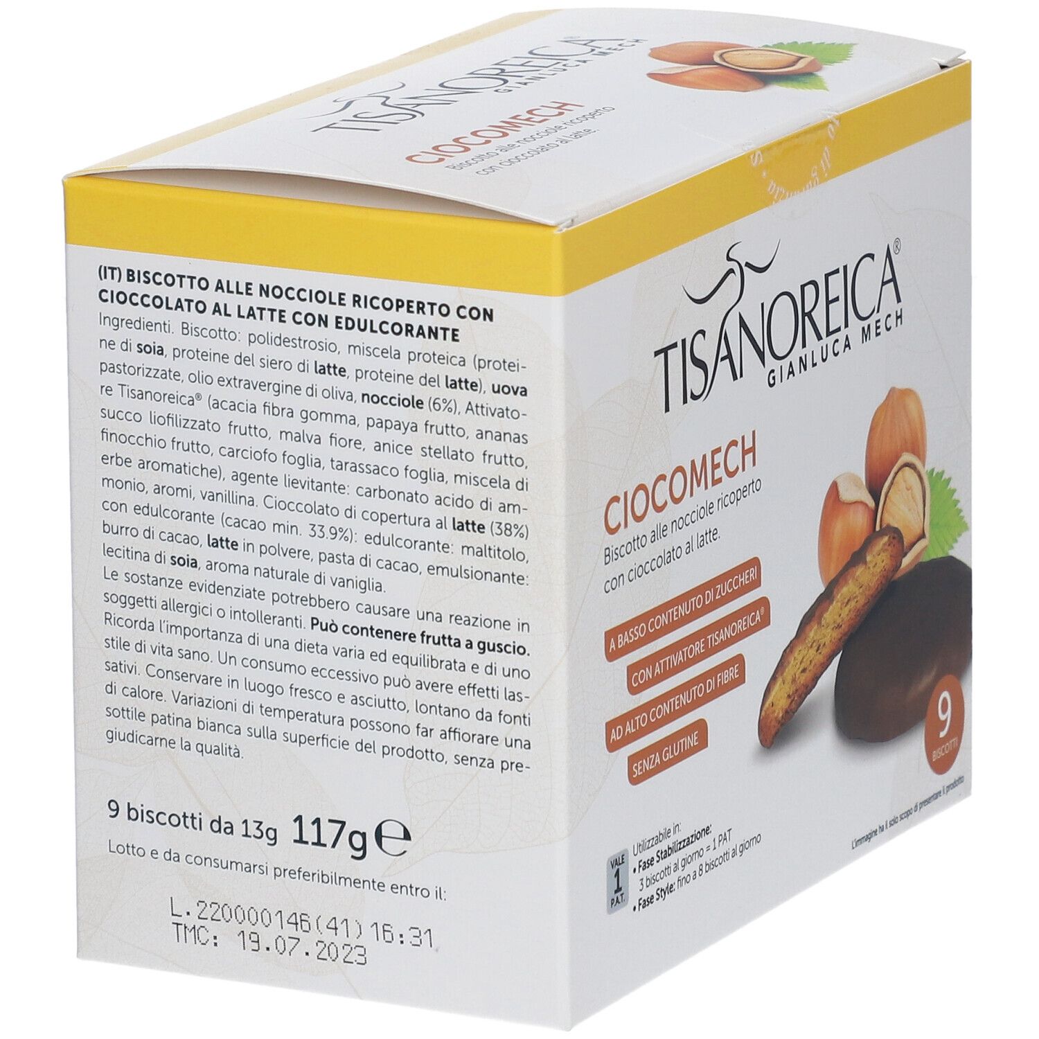 Retro della confezione di biscotti Ciocomech. Elenco ingredienti, informazioni nutrizionali e informazioni sull'uso. Scritte: Tisanoreica, Ciocomech.