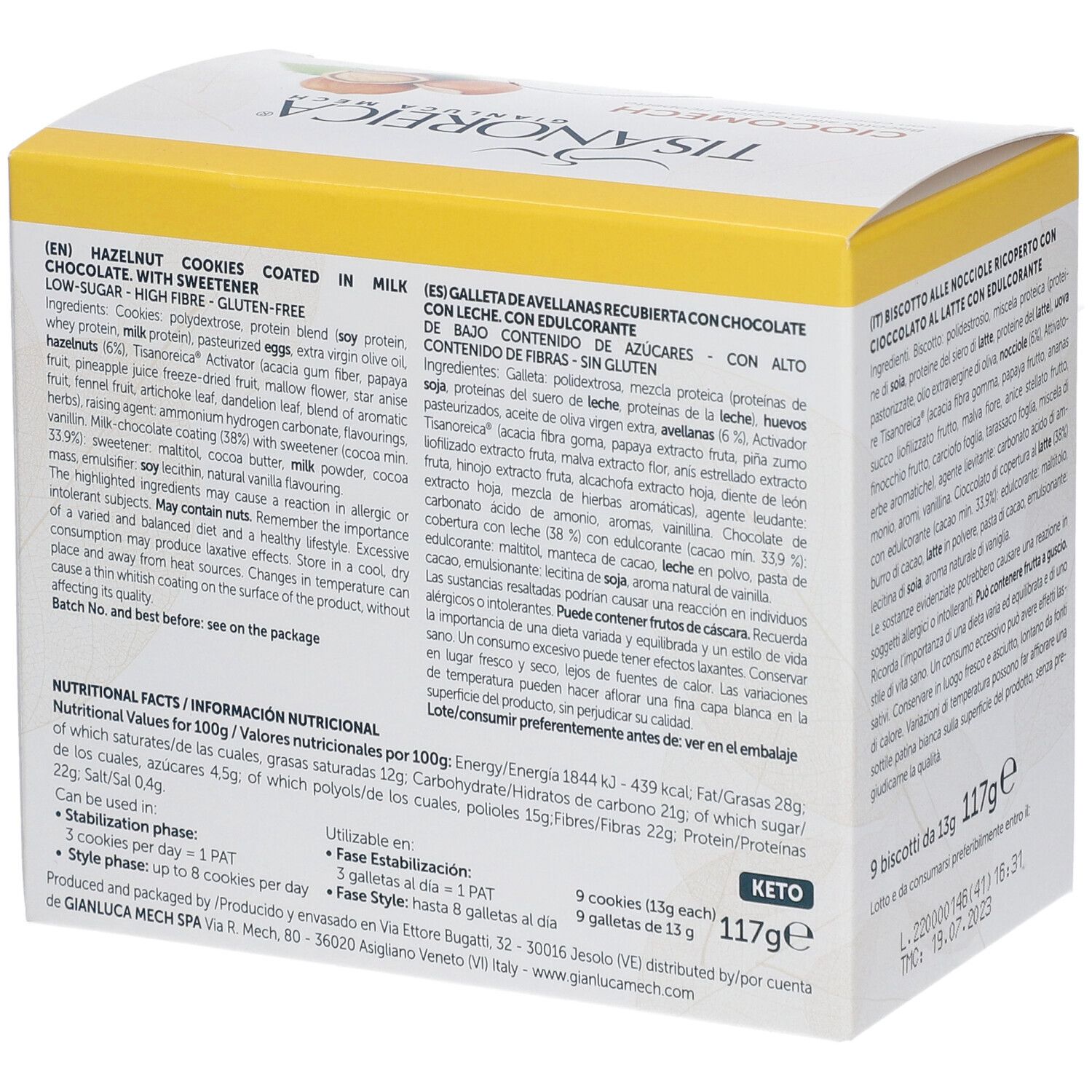 Lato della confezione di biscotti Ciocomech. Traduzione inglese dell'elenco ingredienti e delle informazioni nutrizionali. Scritte: Tisanoreica, Ciocomech, Keto.