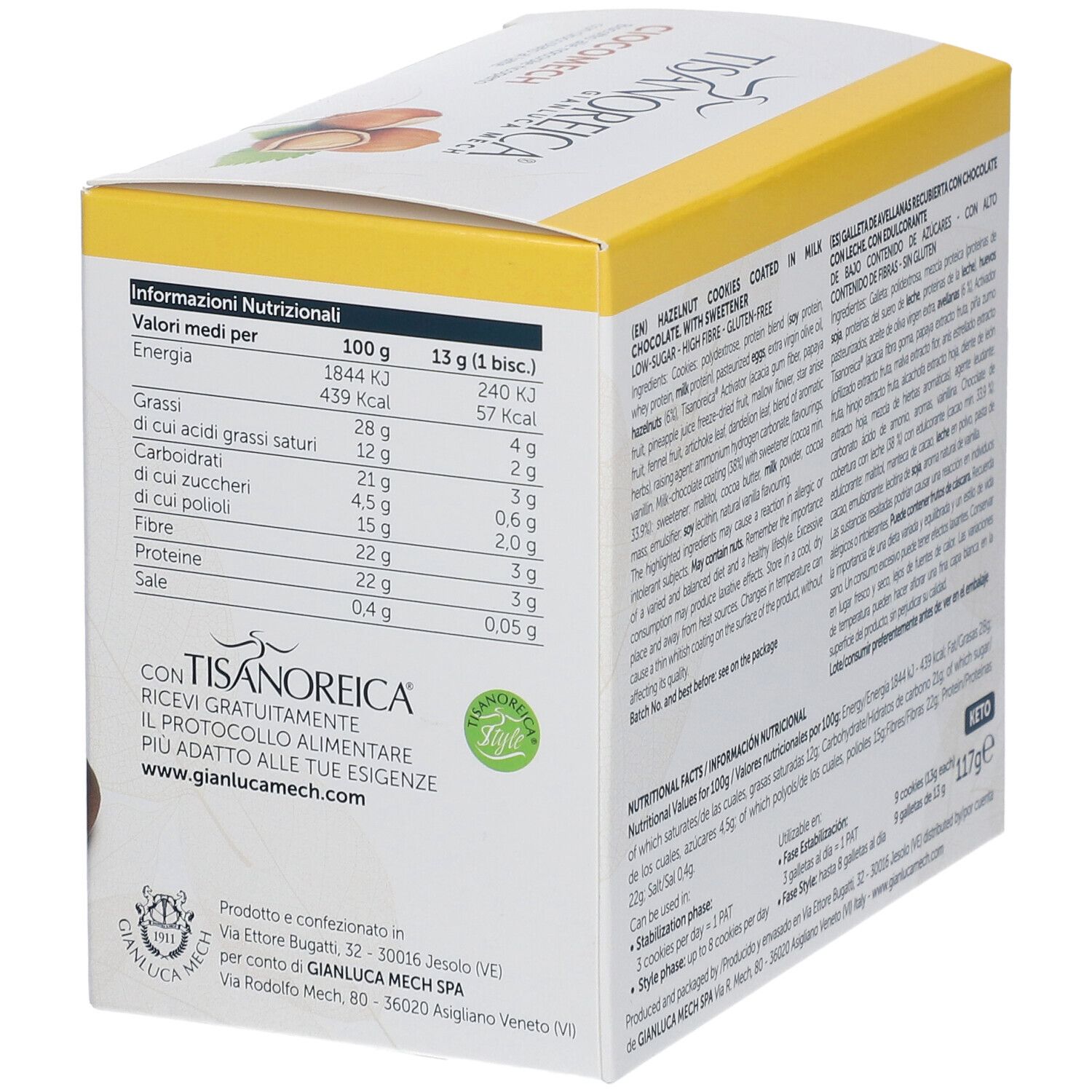 Retro della confezione di biscotti Ciocomech. Informazioni nutrizionali per 100g e per biscotto. Scritte: Tisanoreica, Ciocomech.