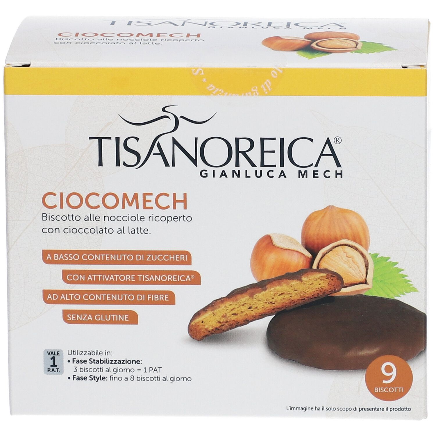 Confezione di biscotti Ciocomech con nocciole e cioccolato al latte. Contiene 9 biscotti. Scritte: Tisanoreica, Ciocomech, senza glutine.