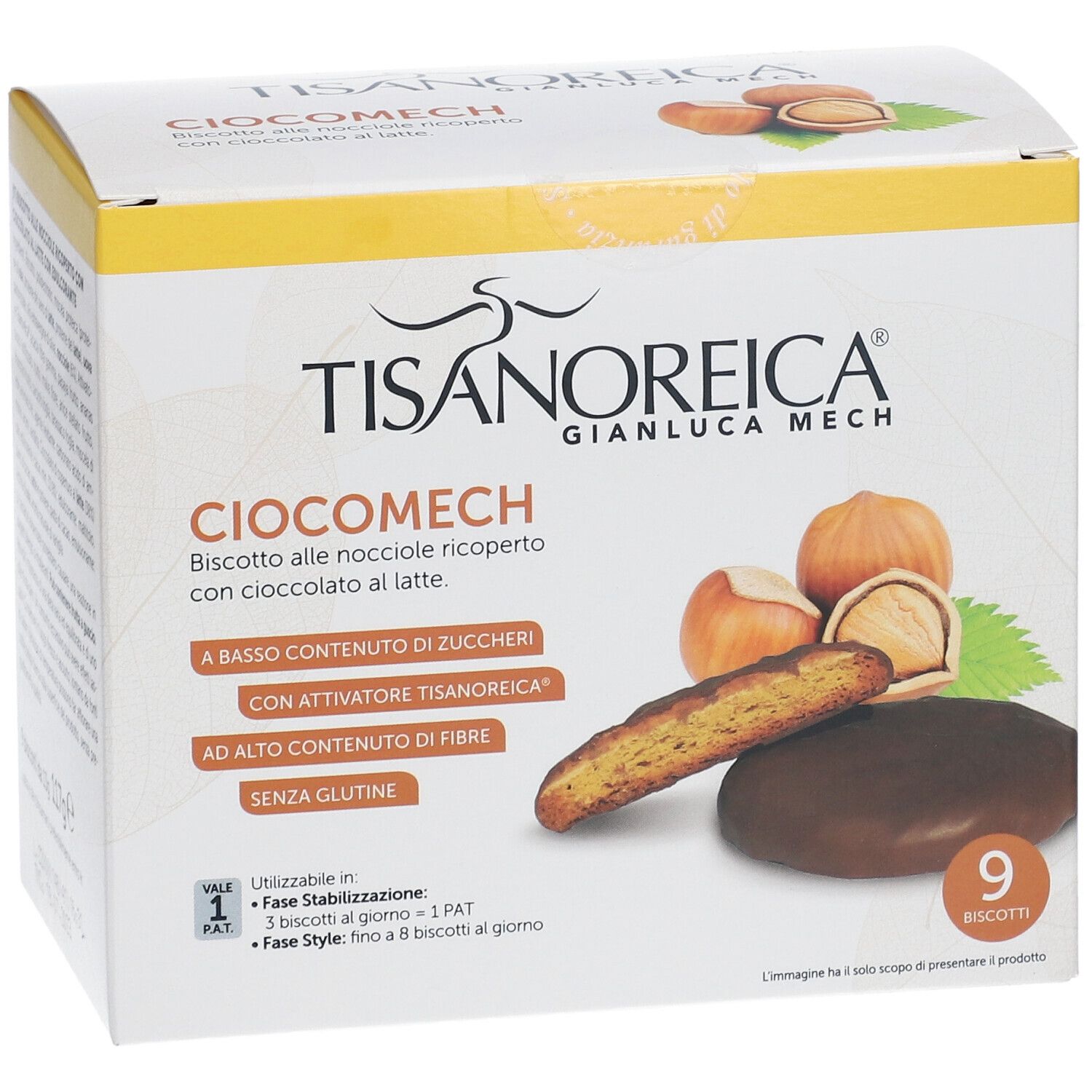 Confezione di biscotti Ciocomech con nocciole e cioccolato al latte. Contiene 9 biscotti. Scritte: Tisanoreica, Ciocomech, senza glutine.