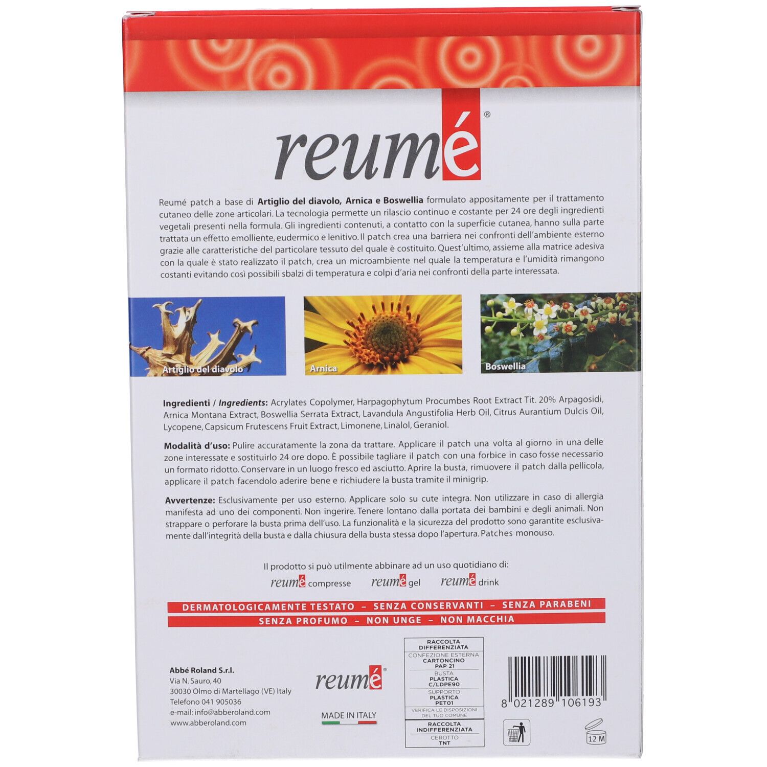 Retro della confezione con nome del prodotto e testo. Contiene immagini di piante e ingredienti.