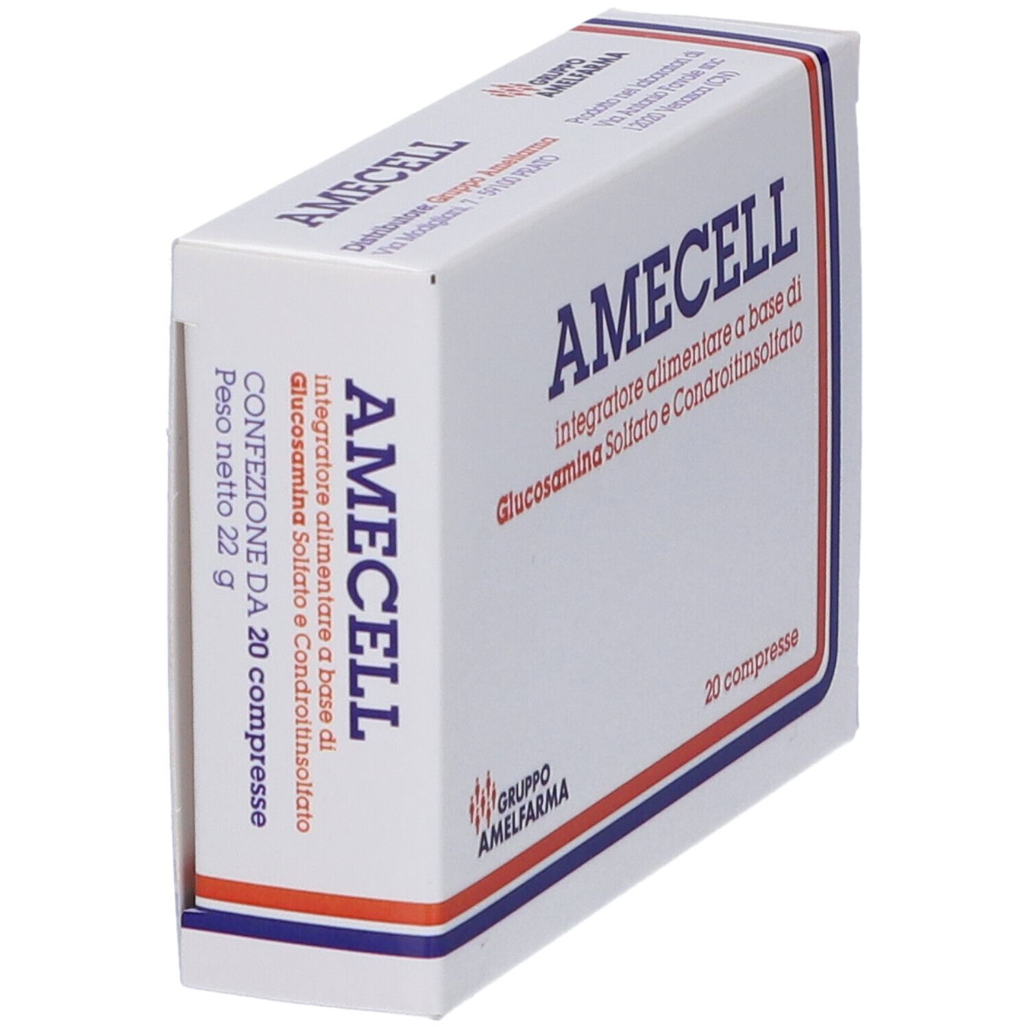 Scatola "Amecell" con "integratore alimentare". 20 compresse. Strisce rosse e blu. Peso 22 g.