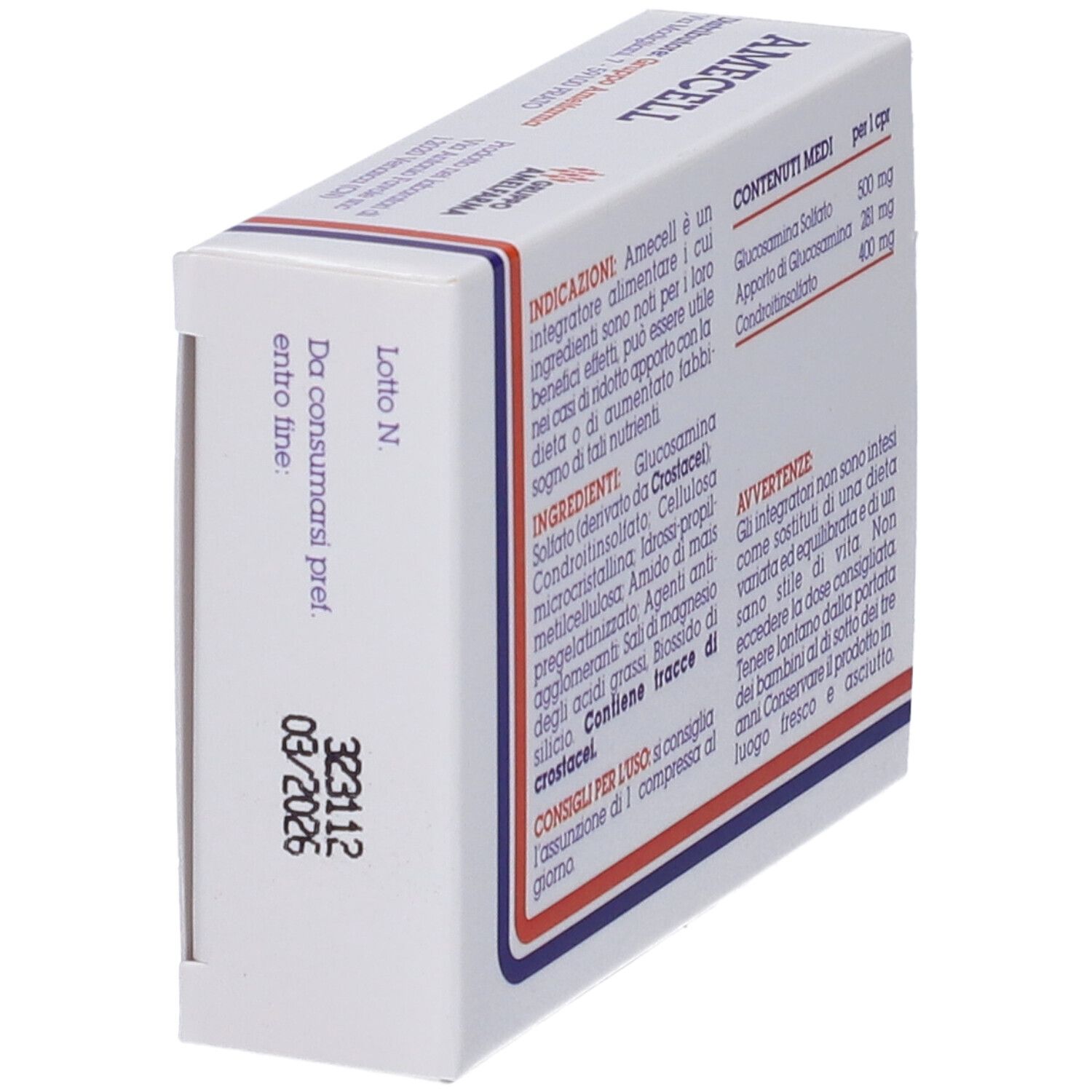 Lato della scatola "Amecell" con data di scadenza e numero di lotto. Contiene 20 compresse.