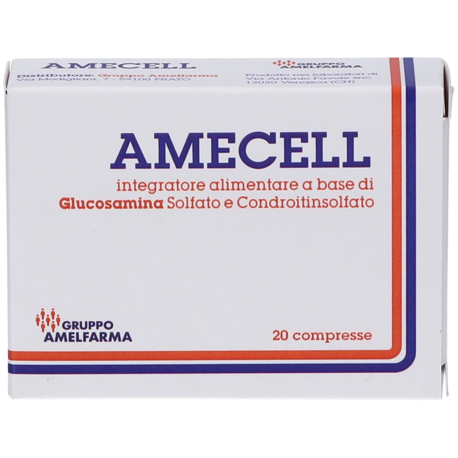 Scatola "Amecell" con "integratore alimentare". 20 compresse. Logo del produttore. Strisce rosse e blu.