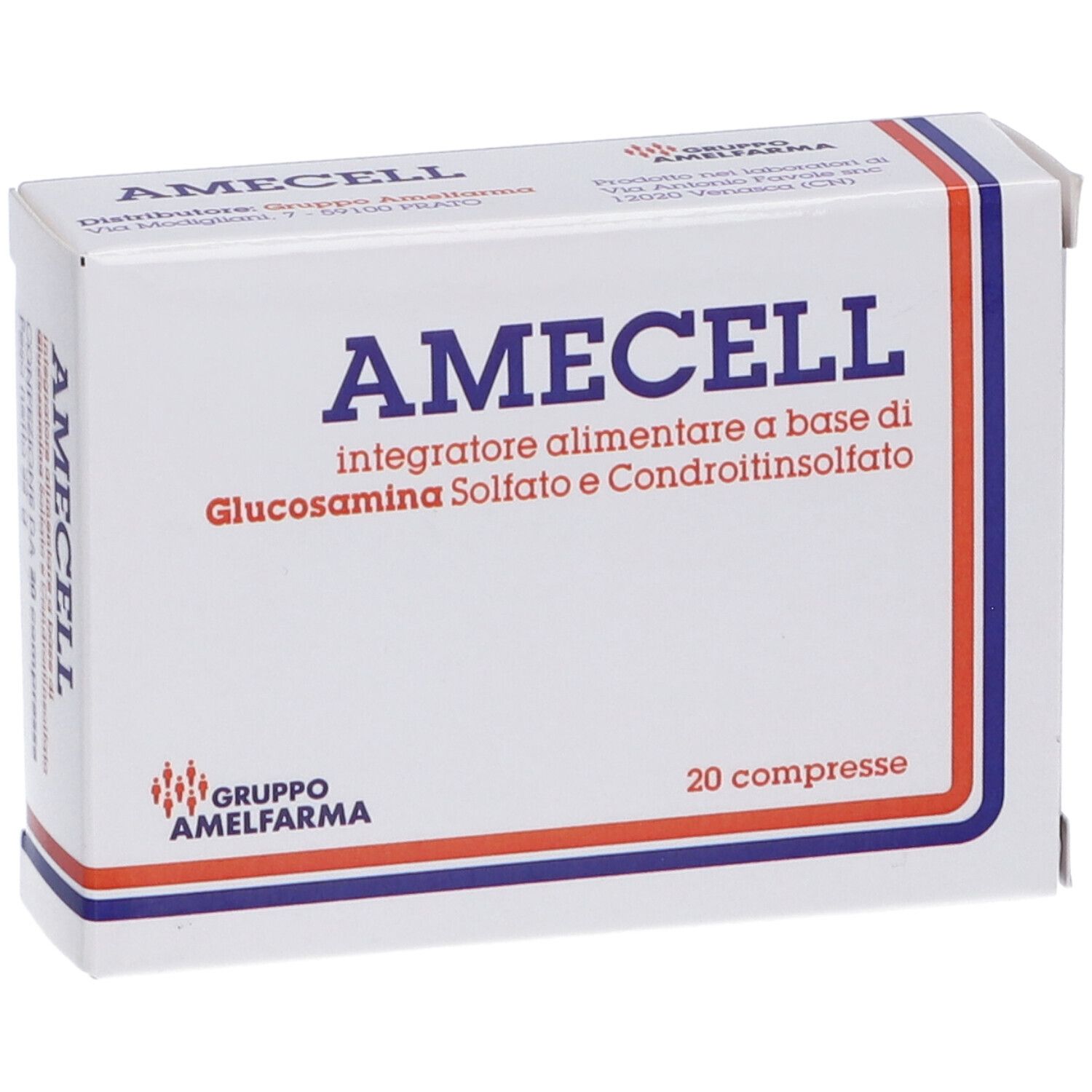 Scatola "Amecell" con "integratore alimentare". 20 compresse. Logo del produttore. Strisce rosse e blu.