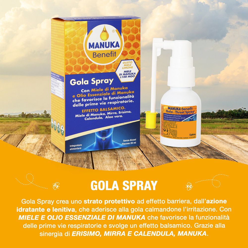 Scatola Manuka Benefit Gola Spray e flacone spray su sfondo legnoso.