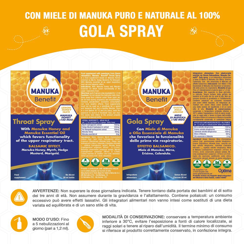 Tre scatole Manuka Benefit Gola Spray con informazioni dettagliate.