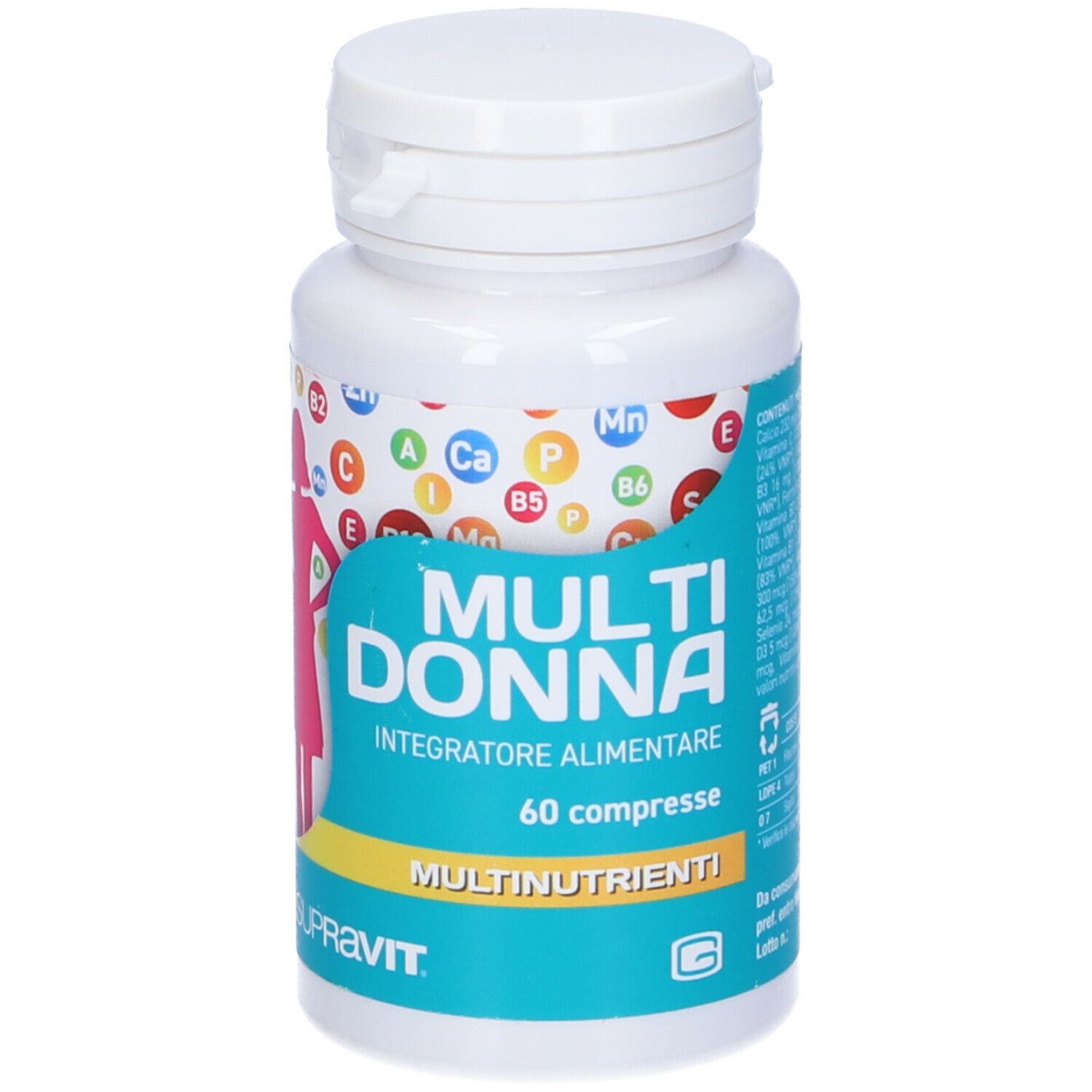 Flacone bianco 'Multi Donna' con simboli di vitamine. Contiene 60 compresse. Marca: Supravit.