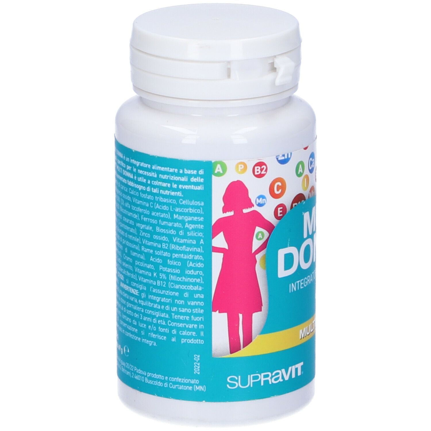 Retro del flacone 'Multi Donna'. Testo con ingredienti e informazioni produttore. Marca: Supravit.