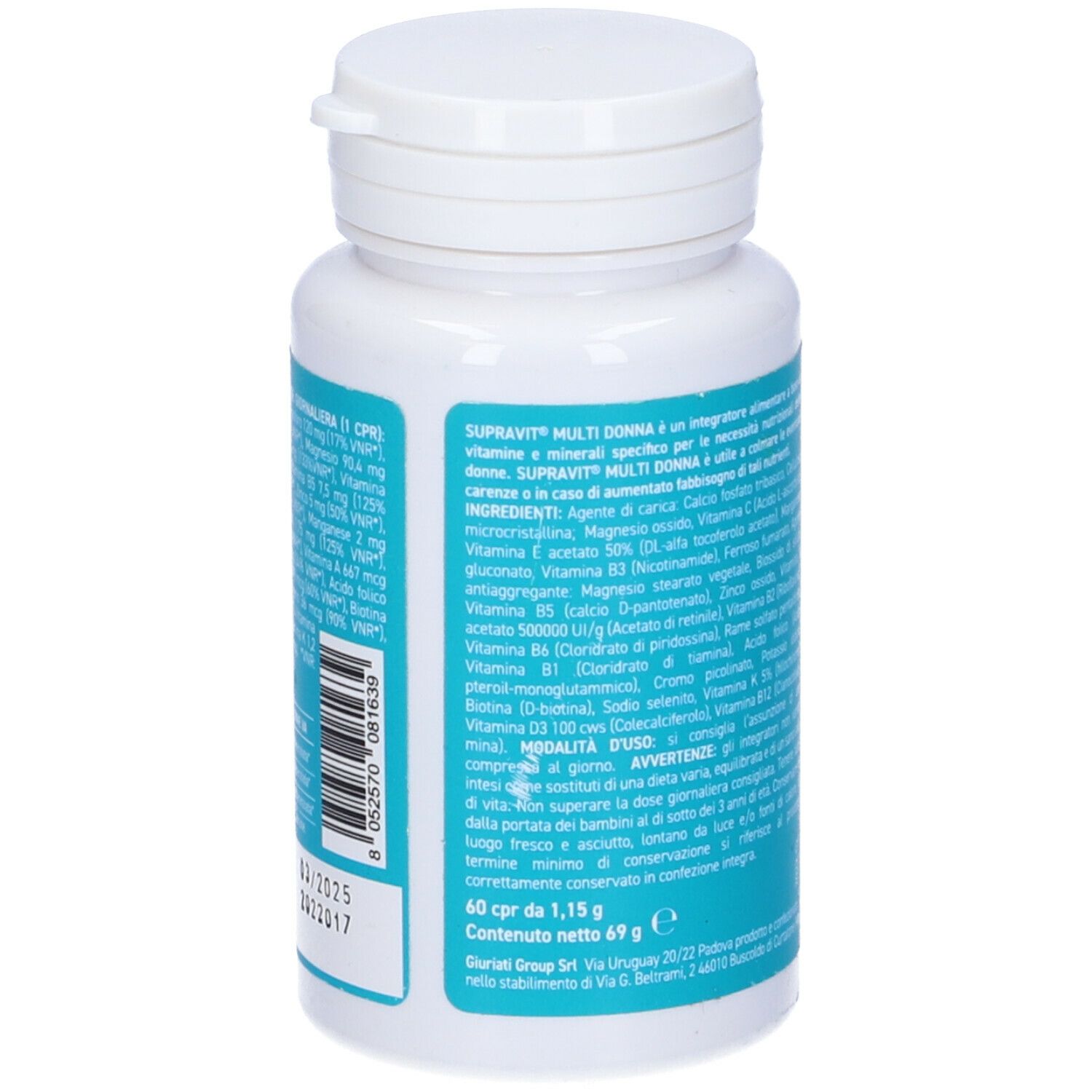 Retro del flacone 'Multi Donna'. Testo con ingredienti e informazioni produttore. Marca: Supravit.