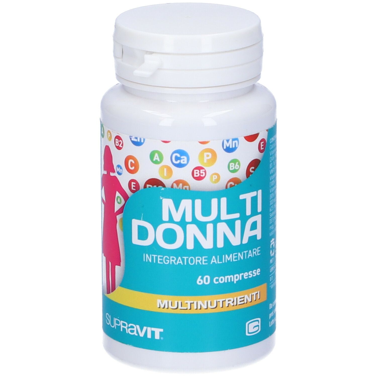 Flacone bianco 'Multi Donna' con simboli di vitamine. Contiene 60 compresse. Marca: Supravit.