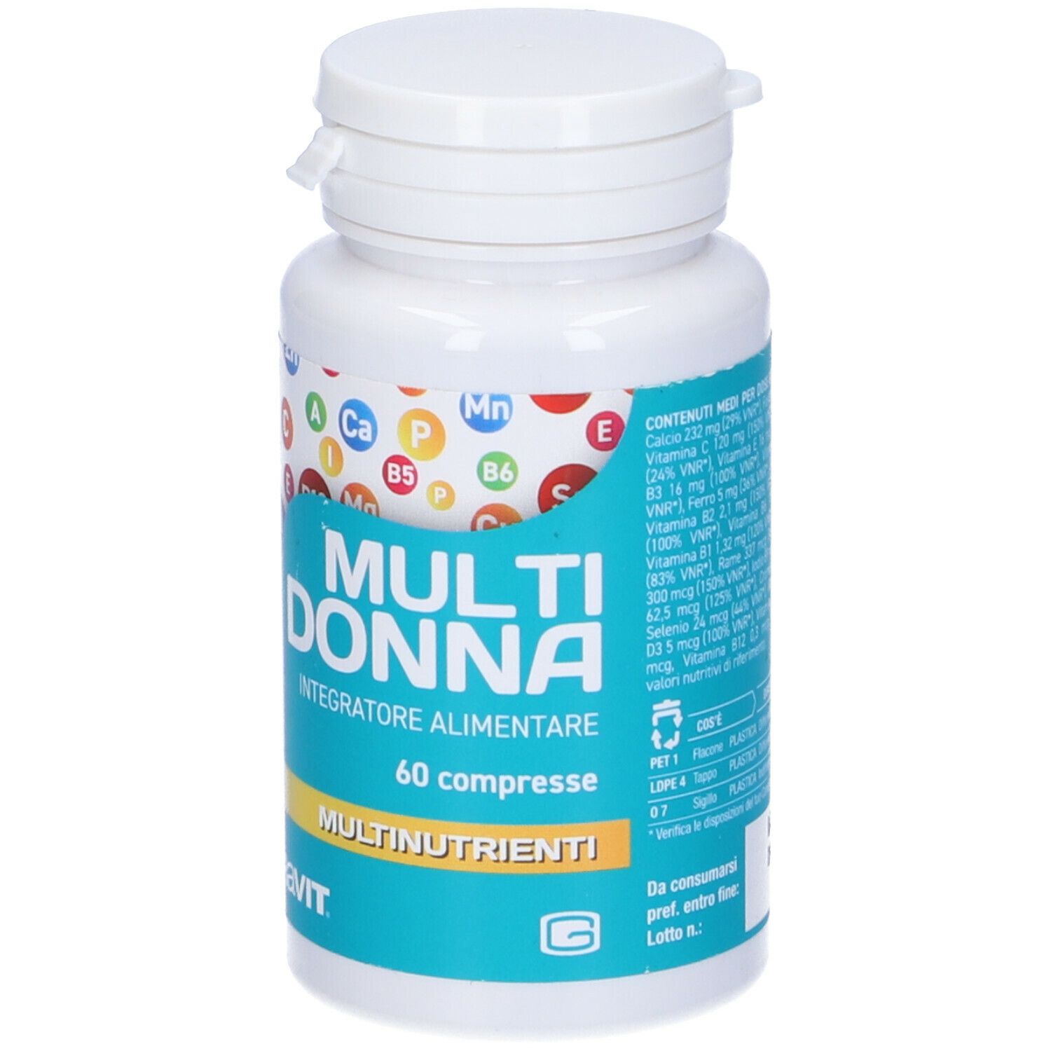 Flacone bianco 'Multi Donna' con simboli di vitamine. Contiene 60 compresse. Marca: Supravit.