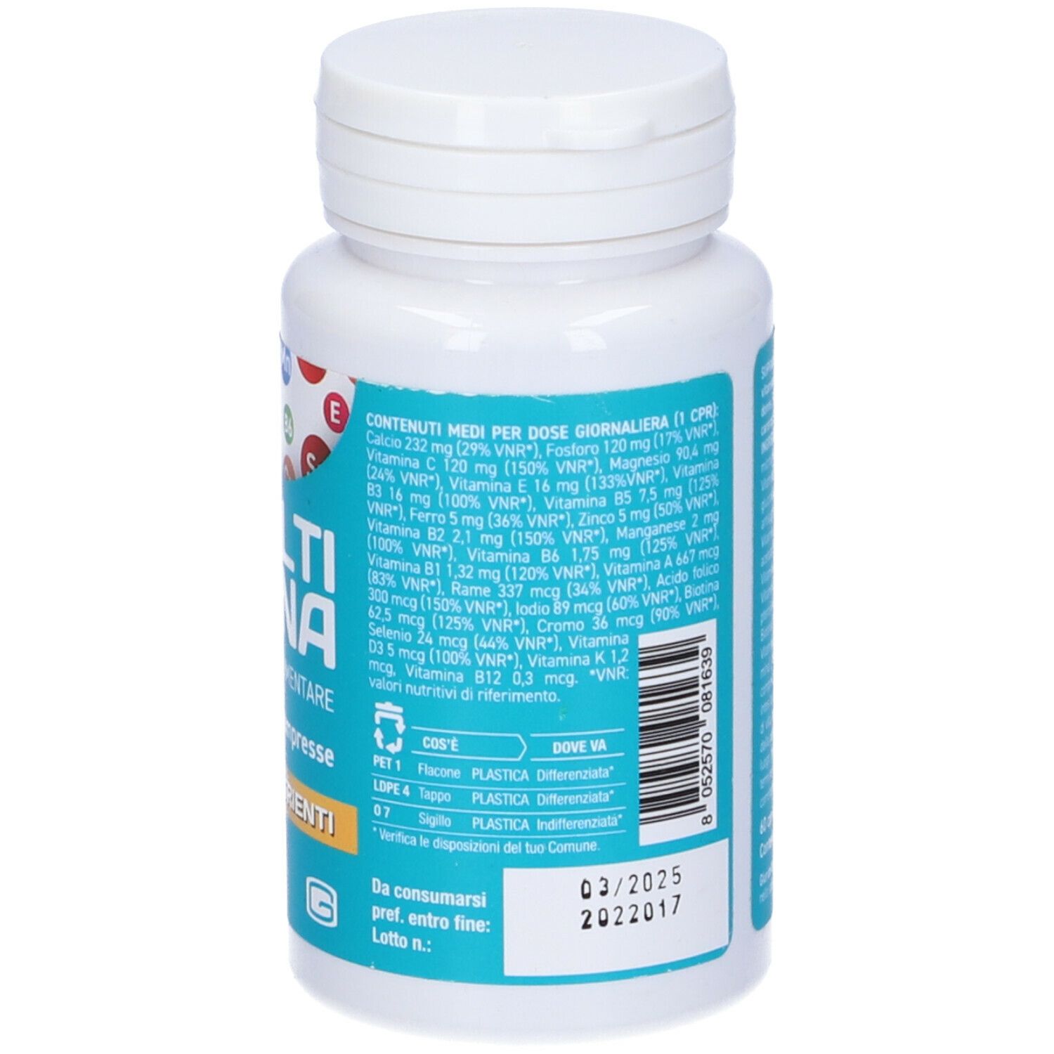 Retro del flacone 'Multi Donna'. Testo con ingredienti e informazioni produttore. Marca: Supravit.