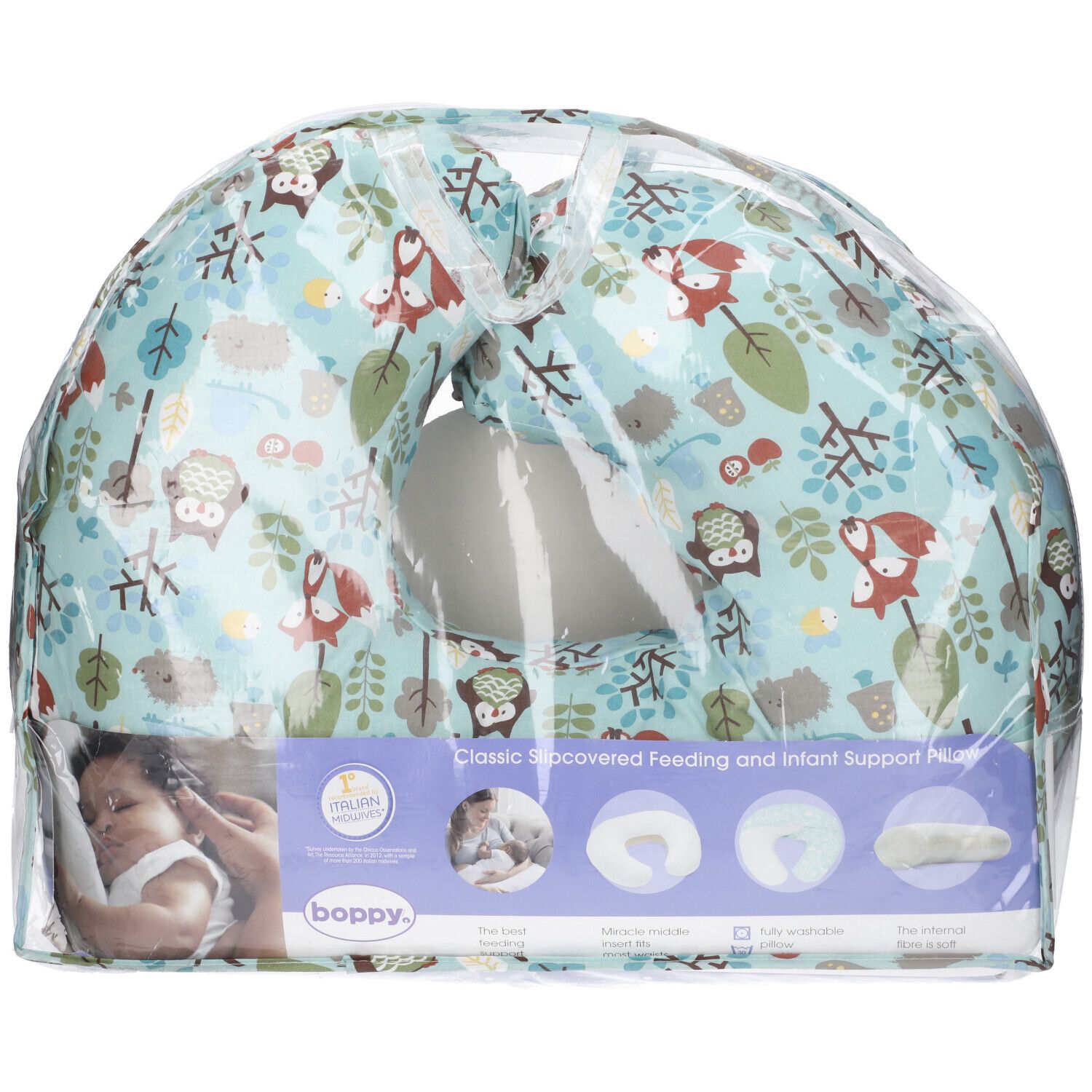 Cuscino allattamento in confezione. Fantasia animali del bosco. Marchio: Boppy. Testo: Classic Sleeved Feeding and Infant Support Pillow.