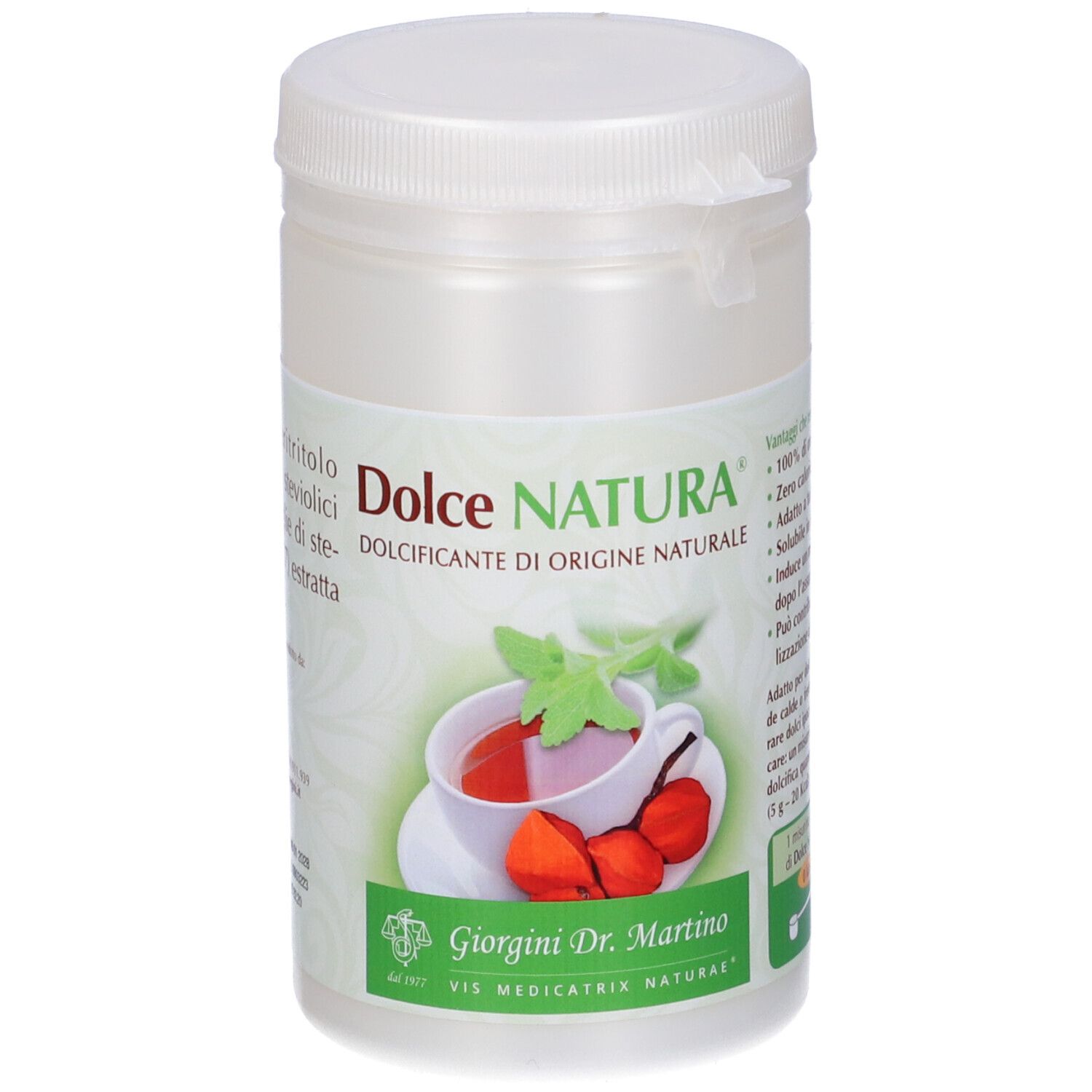 Contenitore bianco con coperchio. Scritta Dolce Natura, logo, immagine di una tazza di tè. Testo.