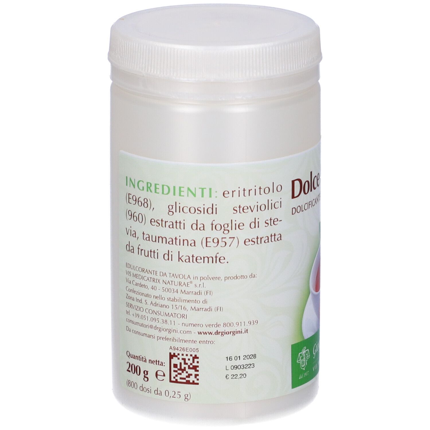 Contenitore bianco con coperchio. Retro con elenco ingredienti e altre informazioni.
